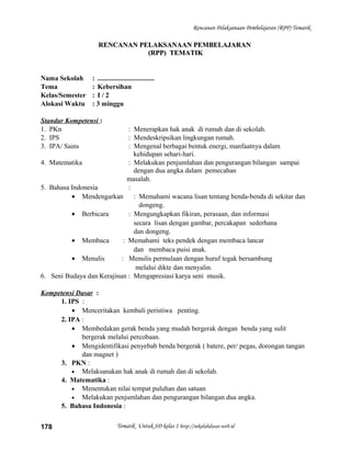 Rencanan Pelaksanaan Pembelajaran (RPP) Tematik
RENCANAN PELAKSANAAN PEMBELAJARANRENCANAN PELAKSANAAN PEMBELAJARAN
(RPP) TEMATIK(RPP) TEMATIK
Nama Sekolah : .................................
Tema : Kebersihan
Kelas/Semester : I / 2
Alokasi Waktu : 3 minggu
Standar Kompetensi :
1. PKn : Menerapkan hak anak di rumah dan di sekolah.
2. IPS : Mendeskripsikan lingkungan rumah.
3. IPA/ Sains : Mengenal berbagai bentuk energi, manfaatnya dalam
kehidupan sehari-hari.
4. Matematika : Melakukan penjumlahan dan pengurangan bilangan sampai
dengan dua angka dalam pemecahan
masalah.
5. Bahasa Indonesia :
• Mendengarkan : Memahami wacana lisan tentang benda-benda di sekitar dan
dongeng.
• Berbicara : Mengungkapkan fikiran, perasaan, dan informasi
secara lisan dengan gambar, percakapan sederhana
dan dongeng.
• Membaca : Memahami teks pendek dengan membaca lancar
dan membaca puisi anak.
• Menulis : Menulis permulaan dengan huruf tegak bersambung
melalui dikte dan menyalin.
6. Seni Budaya dan Kerajinan : Mengapresiasi karya seni musik.
Kompetensi Dasar :
1. IPS :
• Menceritakan kembali peristiwa penting.
2. IPA :
• Membedakan gerak benda yang mudah bergerak dengan benda yang sulit
bergerak melalui percobaan.
• Mengidentifikasi penyebab benda bergerak ( batere, per/ pegas, dorongan tangan
dan magnet )
3. PKN :
• Melaksanakan hak anak di rumah dan di sekolah.
4. Matematika :
• Menentukan nilai tempat puluhan dan satuan
• Melakukan penjumlahan dan pengurangan bilangan dua angka.
5. Bahasa Indonesia :
Tematik Untuk SD kelas 1 http://sekolahdasar.web.id178
 