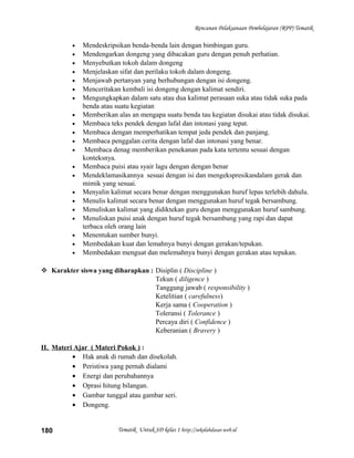 Rencanan Pelaksanaan Pembelajaran (RPP) Tematik
• Mendeskripsikan benda-benda lain dengan bimbingan guru.
• Mendengarkan dongeng yang dibacakan guru dengan penuh perhatian.
• Menyebutkan tokoh dalam dongeng
• Menjelaskan sifat dan perilaku tokoh dalam dongeng.
• Menjawab pertanyan yang berhubungan dengan isi dongeng.
• Menceritakan kembali isi dongeng dengan kalimat sendiri.
• Mengungkapkan dalam satu atau dua kalimat perasaan suka atau tidak suka pada
benda atau suatu kegiatan
• Memberikan alas an mengapa suatu benda tau kegiatan disukai atau tidak disukai.
• Membaca teks pendek dengan lafal dan intonasi yang tepat.
• Membaca dengan memperhatikan tempat jeda pendek dan panjang.
• Membaca penggalan cerita dengan lafal dan intonasi yang benar.
• Membaca denag memberikan penekanan pada kata tertentu sesuai dengan
konteksnya.
• Membaca puisi atau syair lagu dengan dengan benar
• Mendeklamasikannya sesuai dengan isi dan mengekspresikandalam gerak dan
mimik yang sesuai.
• Menyalin kalimat secara benar dengan menggunakan huruf lepas terlebih dahulu.
• Menulis kalimat secara benar dengan menggunakan huruf tegak bersambung.
• Menuliskan kalimat yang didiktekan guru dengan menggunakan huruf sambung.
• Menuliskan puisi anak dengan huruf tegak bersambung yang rapi dan dapat
terbaca oleh orang lain
• Menentukan sumber bunyi.
• Membedakan kuat dan lemahnya bunyi dengan gerakan/tepukan.
• Membedakan menguat dan melemahnya bunyi dengan gerakan atau tepukan.
 Karakter siswa yang diharapkan : Disiplin ( Discipline )
Tekun ( diligence )
Tanggung jawab ( responsibility )
Ketelitian ( carefulness)
Kerja sama ( Cooperation )
Toleransi ( Tolerance )
Percaya diri ( Confidence )
Keberanian ( Bravery )
II. Materi Ajar ( Materi Pokok ) :
• Hak anak di rumah dan disekolah.
• Peristiwa yang pernah dialami
• Energi dan perubahannya
• Oprasi hitung bilangan.
• Gambar tunggal atau gambar seri.
• Dongeng.
Tematik Untuk SD kelas 1 http://sekolahdasar.web.id180
 