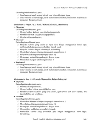 Rencanan Pelaksanaan Pembelajaran (RPP) Tematik
Dalam kegiatan konfirmasi, guru:
 Guru bertanya jawab tentang hal-hal yang belum diketahui siswa
 Guru bersama siswa bertanya jawab meluruskan kesalahan pemahaman, memberikan
penguatan dan penyimpulan
Pertemuan ke empat 3 x 35 menit.( Bahasa Indonesia, Matematika)
 Eksplorasi
Dalam kegiatan eksplorasi, guru:
 Memperhatikan kalimat yang ditulis di papan tulis
 Membaca kalimat yang ditulis di papan tulis.
 Membaca bilangan loncat 4.
 Elaborasi
Dalam kegiatan elaborasi, guru:
 Menyalin kalimat yang ditulis di papan tulis dengan menggunakan huruf lepes
terlebih dahulu dengan memperhatikan bentuk huruf.
 Menyalin kalimat dengan tulisan tegak bersambung.
 Menuliskan beberapa bilangan dengan pola teratur loncat 4.
 Menyebutkan bilangan selanjutnya ( loncat 4 ).
 Melengkapi urutan bilangan loncat 4 dengan benar.
 Menuliskan di papan tulis bilangan loncat 4
 Konfirmasi
Dalam kegiatan konfirmasi, guru:
 Guru bertanya jawab tentang hal-hal yang belum diketahui siswa
 Guru bersama siswa bertanya jawab meluruskan kesalahan pemahaman, memberikan
penguatan dan penyimpulan
Pertemuan ke lima 3 x 35 menit (Matematika, Bahasa Indonesia)
 Eksplorasi
Dalam kegiatan eksplorasi, guru:
 Membaca bilangan loncat 5.
 Memperhatikan kalimat yang didiktekan guru.
 Membaca kembali kalimat yang telah ditulis, agar terbaca oleh siswa sendiri, dan
diperbaiki bila ada kesalahan..
 Elaborasi
Dalam kegiatan elaborasi, guru:
 Menuliskan beberapa bilangan dengan pola teratur loncat 5.
 Menyebutkan bilangan selanjutnya ( loncat 5 ).
 Melengkapi urutan bilangan loncat 5 dengan benar.
 Mengerjakan soal latihan secara berkelompok.
 Menuliskan kalimat yang didiktekan guru dengan menggunakan huruf tegak
bersambung.
Tematik Untuk SD kelas 1 http://sekolahdasar.web.id 241
 