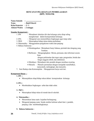 Rencanan Pelaksanaan Pembelajaran (RPP) Tematik
RENCANAN PELAKSANAAN PEMBELAJARANRENCANAN PELAKSANAAN PEMBELAJARAN
(RPP) TEMATIK(RPP) TEMATIK
Nama Sekolah : .................................
Tema : Budi Pekerti
Kelas/Semester : I / 1
Alokasi Waktu : 2 minggu
Standar Kompetensi :
1. IPS : Memahami identitas diri dan keluarga serta sikap saling
menghormati dalam kemajemukan keluarga.
2. IPA : Mengenal cara mememlihara lingkungan agar tetap sehat
3. PKN : Menerapkan hidup rukun dalam perbedaan.
4. Matematika : Menggunakan pengukuran waktu dan panjang
5. Bahasa Indonesia :
• Mendengarkan : Memahami bunyi bahasa, perintah dan dongeng yang
lisankan.
• Berbicara : Mengungkapkan fikiran, perasaan, dan informasi secara
lisan
dengan perkenalan dan tegur sapa, pengenalan, benda dan
fungsi anggota tubuh, dan deklamasi.
• Membaca : Memahami teks pendek dengan membaca nyaring.
• Menulis : Menulis permulaan dengan menjiplak menebalkan,
mencontoh, melengkapi, dan menyalin.
7. Seni Budaya dan Keterampilan : Mengapresiasi karya seni tari.
Kompetensi Dasar :
1. IPS :
• Menunjukkan sikap hidup rukun dalam kemajemukan keluarga.
2. IPA :
• Membedakan lingkungan sehat dan tidak sehat.
3. PKN :
• Menerapkan hidup rukun di rumah dan di sekolah.
4. Matematika :
• Menentukan lama suatu kejadian berlangsung.
• Mengenal panjang suatu benda melalui kalimat sehari-hari. ( pendek,
panjang ) dan membandingkannya.
5. Bahasa Indonesia :
Tematik Untuk SD kelas 1 http://sekolahdasar.web.id26
 
