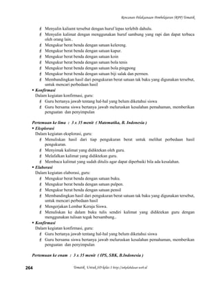 Rencanan Pelaksanaan Pembelajaran (RPP) Tematik
 Menyalin kaliamt tersebut dengan huruf lepas terlebih dahulu.
 Menyalin kalimat dengan menggunakan huruf sambung yang rapi dan dapat terbaca
oleh orang lain..
 Mengukur berat benda dengan satuan kelereng.
 Mengukur berat benda dengan satuan kapur.
 Mengukur berat benda dengan satuan koin
 Mengukur berat benda dengan satuan bola tenis
 Mengukur berat benda dengan satuan bola pingpong
 Mengukur berat benda dengan satuan biji salak dan permen.
 Membandingkan hasil dari pengukuran berat satuan tak baku yang digunakan tersebut,
untuk mencari perbedaan hasil
 Konfirmasi
Dalam kegiatan konfirmasi, guru:
 Guru bertanya jawab tentang hal-hal yang belum diketahui siswa
 Guru bersama siswa bertanya jawab meluruskan kesalahan pemahaman, memberikan
penguatan dan penyimpulan
Pertemuan ke lima : 3 x 35 menit ( Matematika, B. Indonesia )
 Eksplorasi
Dalam kegiatan eksplorasi, guru:
 Menuliskan hasil dari tiap pengukuran berat untuk melihat perbedaan hasil
pengukuran.
 Menyimak kalimat yang didiktekan oleh guru.
 Melafalkan kalimat yang didiktekan guru.
 Membaca kalimat yang sudah ditulis agar dapat diperbaiki bila ada kesalahan.
 Elaborasi
Dalam kegiatan elaborasi, guru:
 Mengukur berat benda dengan satuan buku.
 Mengukur berat benda dengan satuan pulpen.
 Mengukur berat benda dengan satuan pensil
 Membandingkan hasil dari pengukuran berat satuan tak baku yang digunakan tersebut,
untuk mencari perbedaan hasil
 Mengerjakan Lembar Keraja Siswa.
 Menuliskan ke dalam buku tulis sendiri kalimat yang didiktekan guru dengan
menggunakan tulisan tegak bersambung..
 Konfirmasi
Dalam kegiatan konfirmasi, guru:
 Guru bertanya jawab tentang hal-hal yang belum diketahui siswa
 Guru bersama siswa bertanya jawab meluruskan kesalahan pemahaman, memberikan
penguatan dan penyimpulan
Pertemuan ke enam : 3 x 35 menit ( IPS, SBK, B.Indonesia )
Tematik Untuk SD kelas 1 http://sekolahdasar.web.id264
 