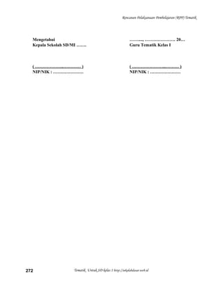 Rencanan Pelaksanaan Pembelajaran (RPP) Tematik
Mengetahui
Kepala Sekolah SD/MI …….
( ………………..………… )
NIP/NIK : …………………
……...., ………………… 20…
Guru Tematik Kelas I
( …………………...……… )
NIP/NIK : …………………
Tematik Untuk SD kelas 1 http://sekolahdasar.web.id272
 