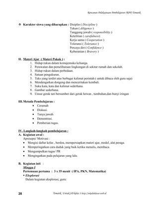Rencanan Pelaksanaan Pembelajaran (RPP) Tematik
 Karakter siswa yang diharapkan : Disiplin ( Discipline )
Tekun ( diligence )
Tanggung jawab ( responsibility )
Ketelitian ( carefulness)
Kerja sama ( Cooperation )
Toleransi ( Tolerance )
Percaya diri ( Confidence )
Keberanian ( Bravery )
II. Materi Ajar ( Materi Pokok ) :
1. Hidup rukun dalam kemajemuka keluarga.
2. Perawatan dan pemeliharaan lingkungan di sekitar rumah dan sekolah.
3. Hidup rukun dalam perbedaan.
4. Satuan pengukuran.
5. Teks yang terdiri atas berbagai kalimat perintah ( untuk dibaca oleh guru saja)
6. Mendengarkan dongeng dan menceritakan kembali.
7. Suku kata, kata dan kalimat sederhana.
8. Gambar sederhana.
9. Unsur gerak tari bersumber dari gerak hewan , tumbuhan,dan bunyi iringan
III.Metoda Pembelajaran :
• Ceramah
• Diskusi.
• Tanya jawab.
• Demontrasi.
• Pemberian tugas.
IV. Langkah-langkah pembelajaran :
A. Kegiatan awal :
Apresepsi/ Motivasi :
• Mengisi daftar kelas , berdoa, mempersiapkan materi ajar, model, alat peraga.
• Memperingatkan cara duduk yang baik ketika menulis, membaca.
• Mengumpulkan tugas/ PR
• Mengingatkan pada pelajaran yang lalu.
B. Kegiatan inti :
Minggu I
Pertemuan pertama : 3 x 35 menit ( IPA, PKN, Matematika)
 Eksplorasi
Dalam kegiatan eksplorasi, guru:
Tematik Untuk SD kelas 1 http://sekolahdasar.web.id28
 