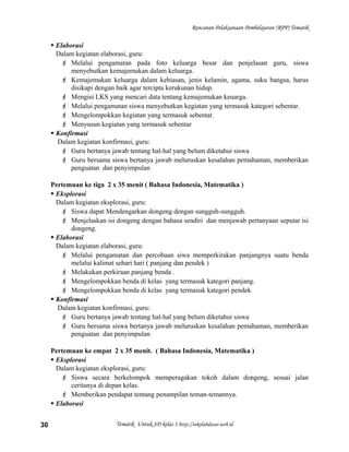 Rencanan Pelaksanaan Pembelajaran (RPP) Tematik
 Elaborasi
Dalam kegiatan elaborasi, guru:
 Melalui pengamatan pada foto keluarga besar dan penjelasan guru, siswa
menyebutkan kemajemukan dalam keluarga.
 Kemajemukan keluarga dalam kebiasan, jenis kelamin, agama, suku bangsa, harus
disikapi dengan baik agar tercipta kerukunan hidup.
 Mengisi LKS yang mencari data tentang kemajemukan keuarga.
 Melalui pengamatan siswa menyebutkan kegiatan yang termasuk kategori sebentar.
 Mengelompokkan kegiatan yang termasuk sebentar.
 Menyusun kegiatan yang termasuk sebentar
 Konfirmasi
Dalam kegiatan konfirmasi, guru:
 Guru bertanya jawab tentang hal-hal yang belum diketahui siswa
 Guru bersama siswa bertanya jawab meluruskan kesalahan pemahaman, memberikan
penguatan dan penyimpulan
Pertemuan ke tiga 2 x 35 menit ( Bahasa Indonesia, Matematika )
 Eksplorasi
Dalam kegiatan eksplorasi, guru:
 Siswa dapat Mendengarkan dongeng dengan sungguh-sungguh.
 Menjelaskan isi dongeng dengan bahasa sendiri dan menjawab pertanyaan seputar isi
dongeng.
 Elaborasi
Dalam kegiatan elaborasi, guru:
 Melalui pengamatan dan percobaan siwa memperkirakan panjangnya suatu benda
melalui kalimat sehari hari ( panjang dan pendek )
 Melakukan perkiraan panjang benda .
 Mengelompokkan benda di kelas yang termasuk kategori panjang.
 Mengelompokkan benda di kelas yang termasuk kategori pendek
 Konfirmasi
Dalam kegiatan konfirmasi, guru:
 Guru bertanya jawab tentang hal-hal yang belum diketahui siswa
 Guru bersama siswa bertanya jawab meluruskan kesalahan pemahaman, memberikan
penguatan dan penyimpulan
Pertemuan ke empat 2 x 35 menit. ( Bahasa Indonesia, Matematika )
 Eksplorasi
Dalam kegiatan eksplorasi, guru:
 Siswa secara berkelompok memperagakan tokoh dalam dongeng, sesuai jalan
ceritanya di depan kelas.
 Memberikan pendapat tentang penampilan teman-temannya.
 Elaborasi
Tematik Untuk SD kelas 1 http://sekolahdasar.web.id30
 