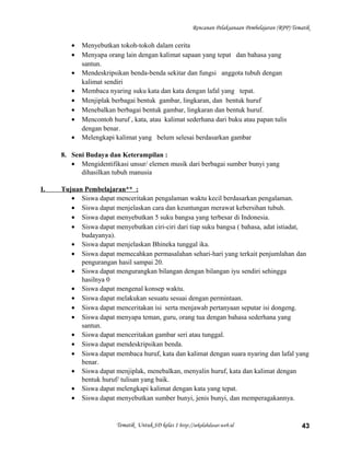 Rencanan Pelaksanaan Pembelajaran (RPP) Tematik
• Menyebutkan tokoh-tokoh dalam cerita
• Menyapa orang lain dengan kalimat sapaan yang tepat dan bahasa yang
santun.
• Mendeskripsikan benda-benda sekitar dan fungsi anggota tubuh dengan
kalimat sendiri
• Membaca nyaring suku kata dan kata dengan lafal yang tepat.
• Menjiplak berbagai bentuk gambar, lingkaran, dan bentuk huruf
• Menebalkan berbagai bentuk gambar, lingkaran dan bentuk huruf.
• Mencontoh huruf , kata, atau kalimat sederhana dari buku atau papan tulis
dengan benar.
• Melengkapi kalimat yang belum selesai berdasarkan gambar
8. Seni Budaya dan Keterampilan :
• Mengidentifikasi unsur/ elemen musik dari berbagai sumber bunyi yang
dihasilkan tubuh manusia
I. Tujuan Pembelajaran** :
• Siswa dapat menceritakan pengalaman waktu kecil berdasarkan pengalaman.
• Siswa dapat menjelaskan cara dan keuntungan merawat kebersihan tubuh.
• Siswa dapat menyebutkan 5 suku bangsa yang terbesar di Indonesia.
• Siswa dapat menyebutkan ciri-ciri dari tiap suku bangsa ( bahasa, adat istiadat,
budayanya).
• Siswa dapat menjelaskan Bhineka tunggal ika.
• Siswa dapat memecahkan permasalahan sehari-hari yang terkait penjumlahan dan
pengurangan hasil sampai 20.
• Siswa dapat mengurangkan bilangan dengan bilangan iyu sendiri sehingga
hasilnya 0
• Siswa dapat mengenal konsep waktu.
• Siswa dapat melakukan sesuatu sesuai dengan permintaan.
• Siswa dapat menceritakan isi serta menjawab pertanyaan seputar isi dongeng.
• Siswa dapat menyapa teman, guru, orang tua dengan bahasa sederhana yang
santun.
• Siswa dapat menceritakan gambar seri atau tunggal.
• Siswa dapat mendeskripsikan benda.
• Siswa dapat membaca huruf, kata dan kalimat dengan suara nyaring dan lafal yang
benar.
• Siswa dapat menjiplak, menebalkan, menyalin huruf, kata dan kalimat dengan
bentuk huruf/ tulisan yang baik.
• Siswa dapat melengkapi kalimat dengan kata yang tepat.
• Siswa dapat menyebutkan sumber bunyi, jenis bunyi, dan memperagakannya.
Tematik Untuk SD kelas 1 http://sekolahdasar.web.id 43
 