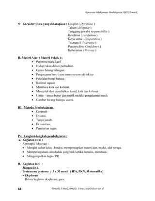 Rencanan Pelaksanaan Pembelajaran (RPP) Tematik
 Karakter siswa yang diharapkan : Disiplin ( Discipline )
Tekun ( diligence )
Tanggung jawab ( responsibility )
Ketelitian ( carefulness)
Kerja sama ( Cooperation )
Toleransi ( Tolerance )
Percaya diri ( Confidence )
Keberanian ( Bravery )
II. Materi Ajar ( Materi Pokok ) :
• Peristiwa masa kecil
• Hidup rukun dalam perbedaan.
• Oprasi hitung bilangan.
• Pengucapan bunyi atau suara tertentu di sekitar
• Pelafalan bunyi bahasa
• Kalimat sapaan
• Membaca kata dan kalimat.
• Menjiplak dan menebalkan huruf, kata dan kalimat
• Unsur – unsur bunyi dan musik melalui pengalaman musik
• Gambar barang budaya/ alami.
III. Metoda Pembelajaran :
• Ceramah
• Diskusi.
• Tanya jawab.
• Demontrasi.
• Pemberian tugas.
IV. Langkah-langkah pembelajaran :
A. Kegiatan awal :
Apresepsi/ Motivasi :
• Mengisi daftar kelas , berdoa, mempersiapkan materi ajar, model, alat peraga.
• Memperingatkan cara duduk yang baik ketika menulis, membaca.
• Mengumpulkan tugas/ PR
B. Kegiatan inti :
Minggu ke 1
Pertemuan pertama : 3 x 35 menit ( IPA, PKN, Matematika)
 Eksplorasi
Dalam kegiatan eksplorasi, guru:
Tematik Untuk SD kelas 1 http://sekolahdasar.web.id64
 