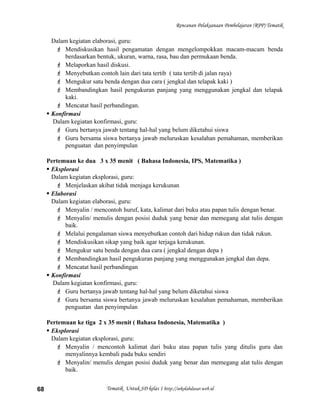 Rencanan Pelaksanaan Pembelajaran (RPP) Tematik
Dalam kegiatan elaborasi, guru:
 Mendiskusikan hasil pengamatan dengan mengelompokkan macam-macam benda
berdasarkan bentuk, ukuran, warna, rasa, bau dan permukaan benda.
 Melaporkan hasil diskusi.
 Menyebutkan contoh lain dari tata tertib ( tata tertib di jalan raya)
 Mengukur satu benda dengan dua cara ( jengkal dan telapak kaki )
 Membandingkan hasil pengukuran panjang yang menggunakan jengkal dan telapak
kaki.
 Mencatat hasil perbandingan.
 Konfirmasi
Dalam kegiatan konfirmasi, guru:
 Guru bertanya jawab tentang hal-hal yang belum diketahui siswa
 Guru bersama siswa bertanya jawab meluruskan kesalahan pemahaman, memberikan
penguatan dan penyimpulan
Pertemuan ke dua 3 x 35 menit ( Bahasa Indonesia, IPS, Matematika )
 Eksplorasi
Dalam kegiatan eksplorasi, guru:
 Menjelaskan akibat tidak menjaga kerukunan
 Elaborasi
Dalam kegiatan elaborasi, guru:
 Menyalin / mencontoh huruf, kata, kalimat dari buku atau papan tulis dengan benar.
 Menyalin/ menulis dengan posisi duduk yang benar dan memegang alat tulis dengan
baik.
 Melalui pengalaman siswa menyebutkan contoh dari hidup rukun dan tidak rukun.
 Mendiskusikan sikap yang baik agar terjaga kerukunan.
 Mengukur satu benda dengan dua cara ( jengkal dengan depa )
 Membandingkan hasil pengukuran panjang yang menggunakan jengkal dan depa.
 Mencatat hasil perbandingan
 Konfirmasi
Dalam kegiatan konfirmasi, guru:
 Guru bertanya jawab tentang hal-hal yang belum diketahui siswa
 Guru bersama siswa bertanya jawab meluruskan kesalahan pemahaman, memberikan
penguatan dan penyimpulan
Pertemuan ke tiga 2 x 35 menit ( Bahasa Indonesia, Matematika )
 Eksplorasi
Dalam kegiatan eksplorasi, guru:
 Menyalin / mencontoh kalimat dari buku atau papan tulis yang ditulis guru dan
menyalinnya kembali pada buku sendiri
 Menyalin/ menulis dengan posisi duduk yang benar dan memegang alat tulis dengan
baik.
Tematik Untuk SD kelas 1 http://sekolahdasar.web.id68
 