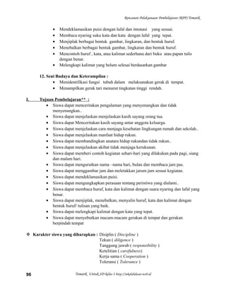 Rencanan Pelaksanaan Pembelajaran (RPP) Tematik
• Mendeklamasikan puisi dengan lafal dan intonasi yang sesuai.
• Membaca nyaring suku kata dan kata dengan lafal yang tepat.
• Menjiplak berbagai bentuk gambar, lingkaran, dan bentuk huruf.
• Menebalkan berbagai bentuk gambar, lingkaran dan bentuk huruf.
• Mencontoh huruf , kata, atau kalimat sederhana dari buku atau papan tulis
dengan benar.
• Melengkapi kalimat yang belum selesai berdasarkan gambar
12. Seni Budaya dan Keterampilan :
• Menidentifikasi fungsi tubuh dalam melaksanakan gerak di tempat.
• Menampilkan gerak tari menurut tingkatan tinggi rendah.
I. Tujuan Pembelajaran** :
• Siswa dapat menceritakan pengalaman yang menyenangkan dan tidak
menyenangkan..
• Siswa dapat menjelaskan menjelaskan kasih sayang orang tua.
• Siswa dapat Menceritakan kasih sayang antar anggota keluarga.
• Siswa dapat menjelaskan cara menjaga kesehatan lingkungan rumah dan sekolah..
• Siswa dapat menjelaskan manfaat hidup rukun.
• Siswa dapat membandingkan anatara hidup rukundan tidak rukun..
• Siswa dapat menjelaskan akibat tidak menjaga kerukunan.
• Siswa dapat memberi contoh kegiatan sehari-hari yang dilakukan pada pagi, siang
dan malam hari.
• Siswa dapat mengurutkan nama –nama hari, bulan dan membaca jam pas.
• Siswa dapat menggambar jam dan meletakkan jarum jam sesuai kegiatan.
• Siswa dapat mendeklamasikan puisi.
• Siswa dapat mengungkapkan perasaan tentang peristiwa yang dialami..
• Siswa dapat membaca huruf, kata dan kalimat dengan suara nyaring dan lafal yang
benar.
• Siswa dapat menjiplak, menebalkan, menyalin huruf, kata dan kalimat dengan
bentuk huruf/ tulisan yang baik.
• Siswa dapat melengkapi kalimat dengan kata yang tepat.
• Siswa dapat menyebutkan macam-macam gerakan di tempat dan gerakan
berpindah tempat
 Karakter siswa yang diharapkan : Disiplin ( Discipline )
Tekun ( diligence )
Tanggung jawab ( responsibility )
Ketelitian ( carefulness)
Kerja sama ( Cooperation )
Toleransi ( Tolerance )
Tematik Untuk SD kelas 1 http://sekolahdasar.web.id96
 