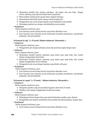 Rencanan Pelaksanaan Pembelajaran (RPP) Tematik
 Menuliskan kembali kata, kalimat sederhana dari papan tulis atau buku dengan
tulisan sambung yang rapi dan bentuk huruf yang benar.
 Menceritakan tentang kasih sayang antara anggota keluarga .
 Menyebutkan bukti-bukti kasih sayang mereka kepada kita.
 Menggambar jam sesuai denga kegiatan yang ditunjukkan oleh gambar.
 Melengkapi gambar jam dengan membubuhkan jarum pendek
 Konfirmasi
Dalam kegiatan konfirmasi, guru:
 Guru bertanya jawab tentang hal-hal yang belum diketahui siswa
 Guru bersama siswa bertanya jawab meluruskan kesalahan pemahaman, memberikan
penguatan dan penyimpulan
Pertemuan ke tiga 2 x 35 menit ( Bahasa Indonesia, Matematika )
 Eksplorasi
Dalam kegiatan eksplorasi, guru:
 Menggambar jam dengan peletakan jarum dan penulisan angka dengan tepat.
 Elaborasi
Dalam kegiatan elaborasi, guru:
 Menuliskan kembali kalimat sederhana yang ditulis guru pada buku tulis sendiri
dengan menggunakan huruf lepas.
 Menuliskan kembali kalimat sederhana yang ditulis guru pada buku tulis sendiri
dengan menggunakan huruf sambung.
 Menggambar jam sesuai dengan kegiatan yang ditukis oleh guru.
 Konfirmasi
Dalam kegiatan konfirmasi, guru:
 Guru bertanya jawab tentang hal-hal yang belum diketahui siswa
 Guru bersama siswa bertanya jawab meluruskan kesalahan pemahaman, memberikan
penguatan dan penyimpulan
Pertemuan ke empat 2 x 35 menit. ( Bahasa Indonesia, Matematika )
 Eksplorasi
Dalam kegiatan eksplorasi, guru:
 Mengamati gambar yang menceritakan kegiatan sehari-hari di rumah .
 Membaca jam dengan menggunakan model jam analog.
 Elaborasi
Dalam kegiatan elaborasi, guru:
 Melengkapi kalimat dengan kata yang tepat berdasarkan gambar yang diamati.
 Menggambar jam dengan meletakkan jarum pendek dan jarum panjang dengan tepat.
 Konfirmasi
Dalam kegiatan konfirmasi, guru:
 Guru bertanya jawab tentang hal-hal yang belum diketahui siswa
Tematik Untuk SD kelas 1 http://sekolahdasar.web.id104
 