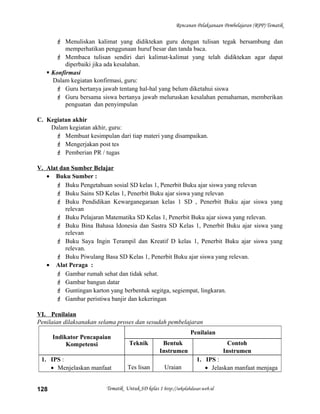 Rencanan Pelaksanaan Pembelajaran (RPP) Tematik
 Menuliskan kalimat yang didiktekan guru dengan tulisan tegak bersambung dan
memperhatikan penggunaan huruf besar dan tanda baca.
 Membaca tulisan sendiri dari kalimat-kalimat yang telah didiktekan agar dapat
diperbaiki jika ada kesalahan.
 Konfirmasi
Dalam kegiatan konfirmasi, guru:
 Guru bertanya jawab tentang hal-hal yang belum diketahui siswa
 Guru bersama siswa bertanya jawab meluruskan kesalahan pemahaman, memberikan
penguatan dan penyimpulan
C. Kegiatan akhir
Dalam kegiatan akhir, guru:
 Membuat kesimpulan dari tiap materi yang disampaikan.
 Mengerjakan post tes
 Pemberian PR / tugas
V. Alat dan Sumber Belajar
• Buku Sumber :
 Buku Pengetahuan sosial SD kelas 1, Penerbit Buku ajar siswa yang relevan
 Buku Sains SD Kelas 1, Penerbit Buku ajar siswa yang relevan
 Buku Pendidikan Kewarganegaraan kelas 1 SD , Penerbit Buku ajar siswa yang
relevan
 Buku Pelajaran Matematika SD Kelas 1, Penerbit Buku ajar siswa yang relevan.
 Buku Bina Bahasa Idonesia dan Sastra SD Kelas 1, Penerbit Buku ajar siswa yang
relevan
 Buku Saya Ingin Terampil dan Kreatif D kelas 1, Penerbit Buku ajar siswa yang
relevan.
 Buku Piwulang Basa SD Kelas 1, Penerbit Buku ajar siswa yang relevan.
• Alat Peraga :
 Gambar rumah sehat dan tidak sehat.
 Gambar bangun datar
 Guntingan karton yang berbentuk segitga, segiempat, lingkaran.
 Gambar peristiwa banjir dan kekeringan
VI. Penilaian
Penilaian dilaksanakan selama proses dan sesudah pembelajaran
Indikator Pencapaian
Kompetensi
Penilaian
Teknik Bentuk
Instrumen
Contoh
Instrumen
1. IPS :
• Menjelaskan manfaat Tes lisan Uraian
1. IPS :
• Jelaskan manfaat menjaga
Tematik Untuk SD kelas 1 http://sekolahdasar.web.id128
 