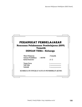 Rencanan Pelaksanaan Pembelajaran (RPP) Tematik
Tematik Untuk SD kelas 1 http://sekolahdasar.web.id 135
PERANGKAT PEMBELAJARANPERANGKAT PEMBELAJARAN
Rencanan Pelaksanaan Pembelajaran (RPP)Rencanan Pelaksanaan Pembelajaran (RPP)
TematikTematik
DENGAN TEMA : KeluargaDENGAN TEMA : Keluarga
Mata Pelajaran : Tematik
Satuan Pendidikan : SD/MI
Kelas/Semester : I / 2
Nama Guru : ...........................
NIP/NIK : ...........................
Sekolah : ...........................
KURIKULUM TINGKAT SATUAN PENDIDIKAN (KTSP)
 
