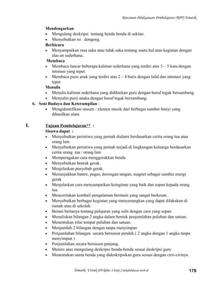 Rencanan Pelaksanaan Pembelajaran (RPP) Tematik
Mendengarkan
• Mengulang deskripsi tentang benda benda di sekitar.
• Menyebutkan isi dongeng.
Berbicara
• Menyampaikan rasa suka atau tidak suka tentang suatu hal atau kegiatan dengan
alas an sederhana..
Membaca
• Membaca lancar beberapa kalimat sederhana yang terdiri atas 3 – 5 kata dengan
intonasi yang tepat.
• Membaca puisi anak yang terdiri atas 2 – 4 baris dengan lafal dan intonasi yang
tepat
Menulis
• Menulis kalimat sederhana yang didiktekan guru dengan huruf tegak bersambung.
• Menyalin puisi anaka dengan huruf tegak bersambung.
6. Seni Budaya dan Keterampilan :
• Mengidentifikasi unsure / elemen musik dari berbagai sumber bunyi yang
dihasilkan alam
I. Tujuan Pembelajaran** :
Sisawa dapat :
• Menyebutkan peristiwa yang pernah dialami berdasarkan cerita orang tua atau
orang lain.
• Menyebutkan peristiwa yang pernah terjadi di lingkungan keluarga berdasarkan
cerita orang tua / orang lain
• Memperagakan cara menggerakkan benda
• Menyebutkan bentuk gerak.
• Menjelaskan penyebab gerak.
• Menunjukkan batere, pegas, dorongan tangan, magnet sebagai sumber energi
gerak
• Menjelaskan cara menyampaikan keinginan yang baik dan sopan kepada orang
tua.
• Menceritakan kembali pengalaman bermain yang sangat berkesan .
• Menyebutkan berbagai kegiatan yang menyenangkan yang dapat dilakukan di
rumah atau di sekolah.
• Berani bertanya tentang pelajaran yang sulit dengan cara yang sopan
• Menuliskan bilangan 2 angka dalam bentuk penjumlahan puluhan dan satuan.
• Menentukan nilai tempat puluhan dan satuan.
• Menjumlah 2 bilangan dengan tanpa menyimpan
• Penjumlahan bilangan secara bersusun pendek ( 2 angka dengan 1 angka tanpa
menyimpan )
• Penjumlahan secara bersusun panjang.
• Meniru atau mengulang deskripsi benda-benda sesuai deskripsi guru
• Menentukan nama benda yang dideskripsikan guru sesuai dengan cirri-cirinya.
Tematik Untuk SD kelas 1 http://sekolahdasar.web.id 179
 