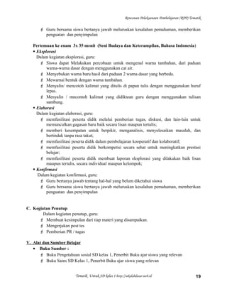 Rencanan Pelaksanaan Pembelajaran (RPP) Tematik
 Guru bersama siswa bertanya jawab meluruskan kesalahan pemahaman, memberikan
penguatan dan penyimpulan
Pertemuan ke enam 3x 35 menit (Seni Budaya dan Keterampilan, Bahasa Indonesia)
 Eksplorasi
Dalam kegiatan eksplorasi, guru:
 Siswa dapat Melakukan percobaan untuk mengenal warna tambahan, dari paduan
warna-warna dasar dengan menggunakan cat air.
 Menyebukan warna baru hasil dari paduan 2 warna dasar yang berbeda.
 Mewarnai bentuk dengan warna tambahan.
 Menyalin/ mencotoh kalimat yang ditulis di papan tulis dengan menggunakan huruf
lepas.
 Menyalin / mncontoh kalimat yang didiktean guru dengan menggunakan tulisan
sambung.
 Elaborasi
Dalam kegiatan elaborasi, guru:
 memfasilitasi peserta didik melalui pemberian tugas, diskusi, dan lain-lain untuk
memunculkan gagasan baru baik secara lisan maupun tertulis;
 memberi kesempatan untuk berpikir, menganalisis, menyelesaikan masalah, dan
bertindak tanpa rasa takut;
 memfasilitasi peserta didik dalam pembelajaran kooperatif dan kolaboratif;
 memfasilitasi peserta didik berkompetisi secara sehat untuk meningkatkan prestasi
belajar;
 memfasilitasi peserta didik membuat laporan eksplorasi yang dilakukan baik lisan
maupun tertulis, secara individual maupun kelompok;
 Konfirmasi
Dalam kegiatan konfirmasi, guru:
 Guru bertanya jawab tentang hal-hal yang belum diketahui siswa
 Guru bersama siswa bertanya jawab meluruskan kesalahan pemahaman, memberikan
penguatan dan penyimpulan
C. Kegiatan Penutup
Dalam kegiatan penutup, guru:
 Membuat kesimpulan dari tiap materi yang disampaikan.
 Mengerjakan post tes
 Pemberian PR / tugas
V. Alat dan Sumber Belajar
• Buku Sumber :
 Buku Pengetahuan sosial SD kelas 1, Penerbit Buku ajar siswa yang relevan
 Buku Sains SD Kelas 1, Penerbit Buku ajar siswa yang relevan
Tematik Untuk SD kelas 1 http://sekolahdasar.web.id 19
 