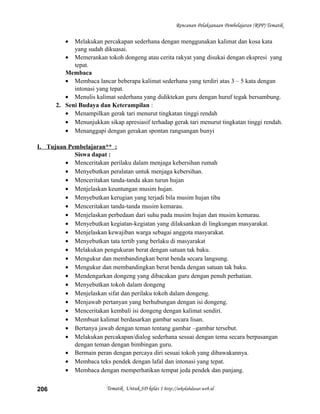 Rencanan Pelaksanaan Pembelajaran (RPP) Tematik
• Melakukan percakapan sederhana dengan menggunakan kalimat dan kosa kata
yang sudah dikuasai.
• Memerankan tokoh dongeng atau cerita rakyat yang disukai dengan ekspresi yang
tepat.
Membaca
• Membaca lancar beberapa kalimat sederhana yang terdiri atas 3 – 5 kata dengan
intonasi yang tepat.
• Menulis kalimat sederhana yang didiktekan guru dengan huruf tegak bersambung.
2. Seni Budaya dan Keterampilan :
• Menampilkan gerak tari menurut tingkatan tinggi rendah
• Menunjukkan sikap apresiasif terhadap gerak tari menurut tingkatan tinggi rendah.
• Menanggapi dengan gerakan spontan rangsangan bunyi
I. Tujuan Pembelajaran** :
Siswa dapat :
• Menceritakan perilaku dalam menjaga kebersihan rumah
• Menyebutkan peralatan untuk menjaga kebersihan.
• Menceritakan tanda-tanda akan turun hujan
• Menjelaskan keuntungan musim hujan.
• Menyebutkan kerugian yang terjadi bila musim hujan tiba
• Menceritakan tanda-tanda musim kemarau.
• Menjelaskan perbedaan dari suhu pada musim hujan dan musim kemarau.
• Menyebutkan kegiatan-kegiatan yang dilaksankan di lingkungan masyarakat.
• Menjelaskan kewajiban warga sebagai anggota masyarakat.
• Menyebutkan tata tertib yang berlaku di masyarakat
• Melakukan pengukuran berat dengan satuan tak baku.
• Mengukur dan membandingkan berat benda secara langsung.
• Mengukur dan membandingkan berat benda dengan satuan tak baku.
• Mendengarkan dongeng yang dibacakan guru dengan penuh perhatian.
• Menyebutkan tokoh dalam dongeng
• Menjelaskan sifat dan perilaku tokoh dalam dongeng.
• Menjawab pertanyan yang berhubungan dengan isi dongeng.
• Menceritakan kembali isi dongeng dengan kalimat sendiri.
• Membuat kalimat berdasarkan gambar secara lisan.
• Bertanya jawab dengan teman tentang gambar –gambar tersebut.
• Melakukan percakapan/dialog sederhana sesuai dengan tema secara berpasangan
dengan teman dengan bimbingan guru.
• Bermain peran dengan percaya diri sesuai tokoh yang dibawakannya.
• Membaca teks pendek dengan lafal dan intonasi yang tepat.
• Membaca dengan memperhatikan tempat jeda pendek dan panjang.
Tematik Untuk SD kelas 1 http://sekolahdasar.web.id206
 