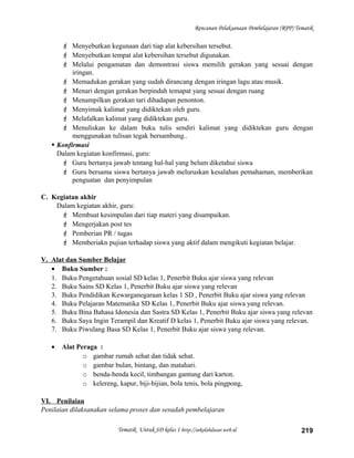 Rencanan Pelaksanaan Pembelajaran (RPP) Tematik
 Menyebutkan kegunaan dari tiap alat kebersihan tersebut.
 Menyebutkan tempat alat kebersihan tersebut digunakan.
 Melalui pengamatan dan demontrasi siswa memilih gerakan yang sesuai dengan
iringan.
 Memadukan gerakan yang sudah dirancang dengan iringan lagu atau musik.
 Menari dengan gerakan berpindah temapat yang sesuai dengan ruang
 Menampilkan gerakan tari dihadapan penonton.
 Menyimak kalimat yang didiktekan oleh guru.
 Melafalkan kalimat yang didiktekan guru.
 Menuliskan ke dalam buku tulis sendiri kalimat yang didiktekan guru dengan
menggunakan tulisan tegak bersambung..
 Konfirmasi
Dalam kegiatan konfirmasi, guru:
 Guru bertanya jawab tentang hal-hal yang belum diketahui siswa
 Guru bersama siswa bertanya jawab meluruskan kesalahan pemahaman, memberikan
penguatan dan penyimpulan
C. Kegiatan akhir
Dalam kegiatan akhir, guru:
 Membuat kesimpulan dari tiap materi yang disampaikan.
 Mengerjakan post tes
 Pemberian PR / tugas
 Memberiakn pujian terhadap siswa yang aktif dalam mengikuti kegiatan belajar.
V. Alat dan Sumber Belajar
• Buku Sumber :
1. Buku Pengetahuan sosial SD kelas 1, Penerbit Buku ajar siswa yang relevan
2. Buku Sains SD Kelas 1, Penerbit Buku ajar siswa yang relevan
3. Buku Pendidikan Kewarganegaraan kelas 1 SD , Penerbit Buku ajar siswa yang relevan
4. Buku Pelajaran Matematika SD Kelas 1, Penerbit Buku ajar siswa yang relevan.
5. Buku Bina Bahasa Idonesia dan Sastra SD Kelas 1, Penerbit Buku ajar siswa yang relevan
6. Buku Saya Ingin Terampil dan Kreatif D kelas 1, Penerbit Buku ajar siswa yang relevan.
7. Buku Piwulang Basa SD Kelas 1, Penerbit Buku ajar siswa yang relevan.
• Alat Peraga :
o gambar rumah sehat dan tidak sehat.
o gambar bulan, bintang, dan matahari.
o benda-benda kecil, timbangan gantung dari karton.
o kelereng, kapur, biji-bijian, bola tenis, bola pingpong,
VI. Penilaian
Penilaian dilaksanakan selama proses dan sesudah pembelajaran
Tematik Untuk SD kelas 1 http://sekolahdasar.web.id 219
 