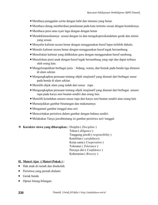 Rencanan Pelaksanaan Pembelajaran (RPP) Tematik
• Membaca penggalan cerita dengan lafal dan intonasi yang benar.
• Membaca denag memberikan penekanan pada kata tertentu sesuai dengan konteksnya.
• Membaca puisi atau syair lagu dengan dengan benar
• Mendeklamasikannya sesuai dengan isi dan mengekspresikandalam gerak dan mimic
yang sesuai.
• Menyalin kalimat secara benar dengan menggunakan huruf lepas terlebih dahulu.
• Menulis kalimat secara benar dengan menggunakan huruf tegak bersambung.
• Menuliskan kalimat yang didiktekan guru dengan menggunakan huruf sambung.
• Menuliskan puisi anak dengan huruf tegak bersambung yang rapi dan dapat terbaca
oleh orang lain.
• Mengelompokkan berbagai jenis : bidang, warna, dan bentuk pada benda tiga dimensi
di alam sekitar.
• Mengungkapkan perasaan tentang objek imajinatif yang diamati dari berbagai unsur
pada benda di alam sekitar.
• Memilih objek alam yang indah dari unsur rupa .
• Mengungkapkan perasaan tentang objek imajinatif yang diamati dari berbagai unsure
rupa pada karya seni buatan sendiri dan orang lain.
• Memilih keindahan unsure-unsur rupa dari karya seni buatan sendiri atau orang lain
• Menunjukkan gambar binatangan dan makanannya
• Mengamati gambar tunggal atau seri
• Menceritakan peristiwa dalam gambar dengan bahasa sendiri.
• Melakukan Tanya jawabtentang isi gambar peristiwa seri/ tunggal.
 Karakter siswa yang diharapkan : Disiplin ( Discipline )
Tekun ( diligence )
Tanggung jawab ( responsibility )
Ketelitian ( carefulness)
Kerja sama ( Cooperation )
Toleransi ( Tolerance )
Percaya diri ( Confidence )
Keberanian ( Bravery )
II. Materi Ajar ( Materi Pokok ) :
• Hak anak di rumah dan disekolah.
• Peristiwa yang pernah dialami
• Gerak benda
• Oprasi hitung bilangan.
Tematik Untuk SD kelas 1 http://sekolahdasar.web.id230
 