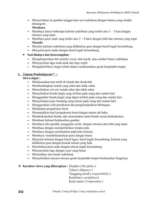 Rencanan Pelaksanaan Pembelajaran (RPP) Tematik
– Menceritakan isi gambar tunggal atau seri sederhana dengan bahasa yang mudah
dimengerti.
Membaca
– Membaca lancar beberapa kalimat sederhana yang terdiri atas 3 – 5 kata dengan
intonasi yang tepat.
– Membaca puisi anak yang terdiri atas 2 – 4 baris dengan lafal dan intonasi yang tepat
Menulis
– Menulis kalimat sederhana yang didiktekan guru dengan huruf tegak bersambung.
– Menyalin puisi anaka dengan huruf tegak bersambung.
• Seni Budaya dan Keterampilan :
– Mengekspresikan diri melalui vocal, alat musik, atau sumber bunyi sederhana
– Menyanyikan lagu anak-anak dan lagu wajib.
– Mengidentifikasi fungsi tubuh dalam melaksanakan gerak berpindah tempat
I. Tujuan Pembelajaran** :
Siswa dapat :
– Melaksanakan tata tertib di rumah dan disekolah.
– Membandingkan rumah yang sehat dan tidak sehat.
– Menyebutkan ciri-ciri rumah sehat dan tidak sehat.
– Menyebutkan benda langit yang terlihat pada siang dan malam hari.
– Menggambar benda langit yang dapat terlihat pada siang dan malam hari.
– Menyebutkan jenis binatang yang keluar pada siang dan malam hari.
– Menggunakan sifat pertukaran dan pengelompokkan bbilangan.
– Melakukan pengukuran berat
– Menunjukkan hasil pengukuran berat dengan satuan tak baku.
– Mendeskripsikan benda, dan menentukan nama benda sesuai deskripsinya.
– Membuat kalimat berdasarkan gambar.
– Membaca teks pendek, penggalan cerita dengan intonasi dan lafal yang tepat.
– Membaca dengan memperhatikan tempat jeda.
– Membaca dengan menekankan pada kata tertentu.
– Membaca/ mendeklamasikan puisi dengan benar.
– Menyalin kalimat dengan huruf lepas, huruf tegak bersambung, kalimat yang
didiktekan guru dengan bentuk tulisan yang baik.
– Menuliskan puisi anak dengan tulisan tegak bersambung.
– Menyanyikan lagu dengan syair yang benar.
– Memainkan alat musik sedrehana.
– Menyebutlkan macam-macam gerak berpindah tempat berdasarkan fungsinya.
 Karakter siswa yang diharapkan : Disiplin ( Discipline )
Tekun ( diligence )
Tanggung jawab ( responsibility )
Ketelitian ( carefulness)
Kerja sama ( Cooperation )
Tematik Untuk SD kelas 1 http://sekolahdasar.web.id252
 