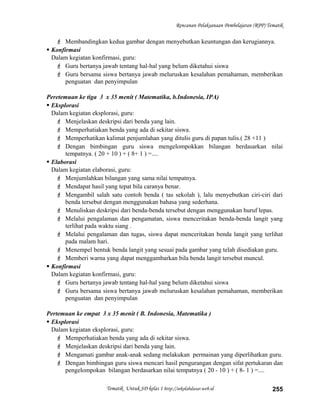 Rencanan Pelaksanaan Pembelajaran (RPP) Tematik
 Membandingkan kedua gambar dengan menyebutkan keuntungan dan kerugiannya.
 Konfirmasi
Dalam kegiatan konfirmasi, guru:
 Guru bertanya jawab tentang hal-hal yang belum diketahui siswa
 Guru bersama siswa bertanya jawab meluruskan kesalahan pemahaman, memberikan
penguatan dan penyimpulan
Peretemuan ke tiga 3 x 35 menit ( Matematika, b.Indonesia, IPA)
 Eksplorasi
Dalam kegiatan eksplorasi, guru:
 Menjelaskan deskripsi dari benda yang lain.
 Memperhatiakan benda yang ada di sekitar siswa.
 Memperhatikan kalimat penjumlahan yang ditulis guru di papan tulis.( 28 +11 )
 Dengan bimbingan guru siswa mengelompokkan bilangan berdasarkan nilai
tempatnya. ( 20 + 10 ) + ( 8+ 1 ) =....
 Elaborasi
Dalam kegiatan elaborasi, guru:
 Menjumlahkan bilangan yang sama nilai tempatnya.
 Mendapat hasil yang tepat bila caranya benar.
 Mengambil salah satu contoh benda ( tas sekolah ), lalu menyebutkan ciri-ciri dari
benda tersebut dengan menggunakan bahasa yang sederhana.
 Menuliskan deskripsi dari benda-benda tersebut dengan menggunakan huruf lepas.
 Melalui pengalaman dan pengamatan, siswa menceritakan benda-benda langit yang
terlihat pada waktu siang .
 Melalui pengalaman dan tugas, siswa dapat menceritakan benda langit yang terlihat
pada malam hari.
 Menempel bentuk benda langit yang sesuai pada gambar yang telah disediakan guru.
 Memberi warna yang dapat menggambarkan bila benda langit tersebut muncul.
 Konfirmasi
Dalam kegiatan konfirmasi, guru:
 Guru bertanya jawab tentang hal-hal yang belum diketahui siswa
 Guru bersama siswa bertanya jawab meluruskan kesalahan pemahaman, memberikan
penguatan dan penyimpulan
Pertemuan ke empat 3 x 35 menit ( B. Indonesia, Matematika )
 Eksplorasi
Dalam kegiatan eksplorasi, guru:
 Memperhatiakan benda yang ada di sekitar siswa.
 Menjelaskan deskripsi dari benda yang lain.
 Mengamati gambar anak-anak sedang melakukan permainan yang diperlihatkan guru.
 Dengan bimbingan guru siswa mencari hasil pengurangan dengan sifat pertukaran dan
pengelompokan bilangan berdasarkan nilai tempatnya ( 20 - 10 ) + ( 8- 1 ) =....
Tematik Untuk SD kelas 1 http://sekolahdasar.web.id 255
 