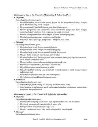 Rencanan Pelaksanaan Pembelajaran (RPP) Tematik
Pertemuan ke tiga : 3 x 35 menit (, Matematika, B. Indonesia , IPA )
 Eksplorasi
Dalam kegiatan eksplorasi, guru:
 Mendeklamasikan puisi tersebut sesuai dengan isi dan mengekspresikannya dengan
gerak dan mimik yang sesuai ( wajar).
 Mengamati model/ gambar binatang yang ditampilakan guru.
 Melalui pengamatan dan demontrasi siswa melakukan pengukuran berat dengan
satuan tak baku ( bola tenis, bola pingpong, biji salak, permen.)
 Membaca dengan memperhatikan dengan lafal dan intonasi yang tepat.
 Membaca puisi dengan suara nyaring secara klasikal.
 Menyimak puisi /syair lagu yang ditulis / dibagikan pada siswa.
 Elaborasi
Dalam kegiatan elaborasi, guru:
 Mengukur berat benda dengan satuan bola tenis
 Mengukur berat benda dengan satuan bola pingpong
 Mengukur berat benda dengan satuan biji salak dan permen.
 Mengisi daftar isian dari hasil pengukuran tersebut.
 Membandingkan hasil dari pengukuran berat satuan tak baku yang digunakan tersebut,
untuk mencari perbedaan hasil
 Memperhatikan cara membaca sesuai dengan petunjuk guru.
 Membaca secara individual, kelompok, atau klasikal.
 Menyebutkan nama-nama binatang tersebut.
 Mengelompokkan binatang yang keluar dari persembunyiannya untuk mencari makan
pada malam hari.
 Menyebutkan jenis makanan dan cara memangsanya.
 Menyebutkan ciri-ciri khusus binatang tersebut.
 Konfirmasi
Dalam kegiatan konfirmasi, guru:
 Guru bertanya jawab tentang hal-hal yang belum diketahui siswa
 Guru bersama siswa bertanya jawab meluruskan kesalahan pemahaman, memberikan
penguatan dan penyimpulan
Pertemuan ke empat : 3 x 35 menit ( B. Indonesia, Matematika)
 Eksplorasi
Dalam kegiatan eksplorasi, guru:
 Membaca kalimat yang sudah ditulis agar dapat diperbaiki bila ada kesalahan.
 Menyimak wacana pendek yang ditulis di papan tulis.
 Memperhatikan bentuk huruf dari tiapa kata.
 Memberi tanda untuk huruf yang harus menggunakan huruf kapital.
 Elaborasi
Dalam kegiatan elaborasi, guru:
Tematik Untuk SD kelas 1 http://sekolahdasar.web.id 263
 