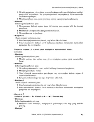 Rencanan Pelaksanaan Pembelajaran (RPP) Tematik
 Melalui pengalaman siswa dapat mengungkapkan contoh-contoh kejadian sehari-hari
yang terkait penjumlahan dan pengurangan untuk megungkapkan fakta matematika
dalam kehidupan nyata.
 Melalui penjelasan guru, siswa menirukan kalimat sapaan yang diucapkan guru.
 Elaborasi
Dalam kegiatan elaborasi, guru:
 Mengucapkan kalimat sapaan tanpa dinbimbing guru, dengan lafal dan intonasi
yang benar.
 Membentuk kelompok untuk peragaan kalimat sapaan.
 Mengerjakan soal penjumlahan.
 Konfirmasi
Dalam kegiatan konfirmasi, guru:
 Guru bertanya jawab tentang hal-hal yang belum diketahui siswa
 Guru bersama siswa bertanya jawab meluruskan kesalahan pemahaman, memberikan
penguatan dan penyimpulan
Pertemuan ke enam 3x 35 menit (Seni Budaya dan Keterampilan, Bahasa
Indonesia)
 Eksplorasi
Dalam kegiatan eksplorasi, guru:
 Melalui motivasi dan arahan guru, siswa melakukan gerakan yang menghasilkan
bunyi.
 Elaborasi
Dalam kegiatan elaborasi, guru:
 Mengelompokkan sumber bunyi, terdiri dari bunyi buatan dan bunyi alami.
 Memperagakan bunyi buatan.
 Tiap kelompok memperagakan percakapan yang menggunkan kalimat sapaan di
depan teman-temannya.
 Peragaan dilakukan tanpa teks agar ekspresinya lebih baik.
 Konfirmasi
Dalam kegiatan konfirmasi, guru:
 Guru bertanya jawab tentang hal-hal yang belum diketahui siswa
 Guru bersama siswa bertanya jawab meluruskan kesalahan pemahaman, memberikan
penguatan dan penyimpulan
Minggu ke 2
Pertemuan pertama : 3 x 35 menit ( IPA, PKN, Matematika)
 Eksplorasi
Dalam kegiatan eksplorasi, guru:
 Memeriksa kuku temannya, menganjurkan pemotongan kuku bagi yang berkuku
panjang.
 Elaborasi
Tematik Untuk SD kelas 1 http://sekolahdasar.web.id 47
 