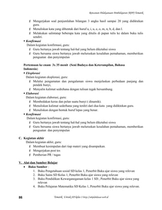 Rencanan Pelaksanaan Pembelajaran (RPP) Tematik
 Mengerjakan soal penjumlahan bilangan 3 angka hasil sampai 20 yang didiktekan
guru.
 Menuliskan kata yang dibentuk dari huruf a, i, u, e, o, m, n, b, d, dan l.
 Melakukan salintatap beberapa kata yang ditulis di papan tulis ke dalam buku tulis
sendiri.
 Konfirmasi
Dalam kegiatan konfirmasi, guru:
 Guru bertanya jawab tentang hal-hal yang belum diketahui siswa
 Guru bersama siswa bertanya jawab meluruskan kesalahan pemahaman, memberikan
penguatan dan penyimpulan
Pertemuan ke enam 3x 35 menit (Seni Budaya dan Keterampilan, Bahasa
Indonesia)
 Eksplorasi
Dalam kegiatan eksplorasi, guru:
 Melalui pengamatan dan pengalaman siswa menjelaskan perbedaan panjang dan
pendek bunyi,
 Menyalin kalimat sedrehana dengan tulisan tegak bersambung.
 Elaborasi
Dalam kegiatan elaborasi, guru:
 Membedakan keras dan pelan suatu bunyi ( dinamik).
 Menuliskan kalimat sederhana yang terdiri dari dua kata yang didiktekan guru.
 Menuliskan dengan bentuk huruf lepas yang benar.
 Konfirmasi
Dalam kegiatan konfirmasi, guru:
 Guru bertanya jawab tentang hal-hal yang belum diketahui siswa
 Guru bersama siswa bertanya jawab meluruskan kesalahan pemahaman, memberikan
penguatan dan penyimpulan
C. Kegiatan akhir
Dalam kegiatan akhir, guru:
 Membuat kesimpulan dari tiap materi yang disampaikan.
 Mengerjakan post tes
 Pemberian PR / tugas
V. Alat dan Sumber Belajar
• Buku Sumber :
1. Buku Pengetahuan sosial SD kelas 1, Penerbit Buku ajar siswa yang relevan
2. Buku Sains SD Kelas 1, Penerbit Buku ajar siswa yang relevan
3. Buku Pendidikan Kewarganegaraan kelas 1 SD , Penerbit Buku ajar siswa yang
relevan
4. Buku Pelajaran Matematika SD Kelas 1, Penerbit Buku ajar siswa yang relevan.
Tematik Untuk SD kelas 1 http://sekolahdasar.web.id86
 