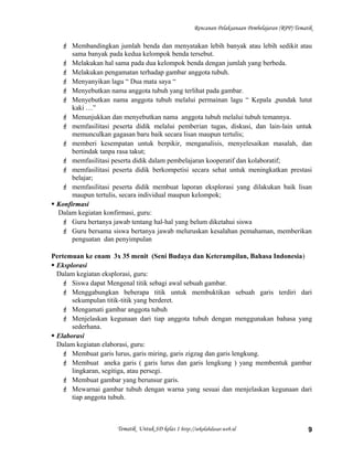 Rencanan Pelaksanaan Pembelajaran (RPP) Tematik
 Membandingkan jumlah benda dan menyatakan lebih banyak atau lebih sedikit atau
sama banyak pada kedua kelompok benda tersebut.
 Melakukan hal sama pada dua kelompok benda dengan jumlah yang berbeda.
 Melakukan pengamatan terhadap gambar anggota tubuh.
 Menyanyikan lagu “ Dua mata saya “
 Menyebutkan nama anggota tubuh yang terlihat pada gambar.
 Menyebutkan nama anggota tubuh melalui permainan lagu “ Kepala ,pundak lutut
kaki …”
 Menunjukkan dan menyebutkan nama anggota tubuh melalui tubuh temannya.
 memfasilitasi peserta didik melalui pemberian tugas, diskusi, dan lain-lain untuk
memunculkan gagasan baru baik secara lisan maupun tertulis;
 memberi kesempatan untuk berpikir, menganalisis, menyelesaikan masalah, dan
bertindak tanpa rasa takut;
 memfasilitasi peserta didik dalam pembelajaran kooperatif dan kolaboratif;
 memfasilitasi peserta didik berkompetisi secara sehat untuk meningkatkan prestasi
belajar;
 memfasilitasi peserta didik membuat laporan eksplorasi yang dilakukan baik lisan
maupun tertulis, secara individual maupun kelompok;
 Konfirmasi
Dalam kegiatan konfirmasi, guru:
 Guru bertanya jawab tentang hal-hal yang belum diketahui siswa
 Guru bersama siswa bertanya jawab meluruskan kesalahan pemahaman, memberikan
penguatan dan penyimpulan
Pertemuan ke enam 3x 35 menit (Seni Budaya dan Keterampilan, Bahasa Indonesia)
 Eksplorasi
Dalam kegiatan eksplorasi, guru:
 Siswa dapat Mengenal titik sebagi awal sebuah gambar.
 Menggabungkan beberapa titik untuk membuktikan sebuah garis terdiri dari
sekumpulan titik-titik yang berderet.
 Mengamati gambar anggota tubuh
 Menjelaskan kegunaan dari tiap anggota tubuh dengan menggunakan bahasa yang
sederhana.
 Elaborasi
Dalam kegiatan elaborasi, guru:
 Membuat garis lurus, garis miring, garis zigzag dan garis lengkung.
 Membuat aneka garis ( garis lurus dan garis lengkung ) yang membentuk gambar
lingkaran, segitiga, atau persegi.
 Membuat gambar yang berunsur garis.
 Mewarnai gambar tubuh dengan warna yang sesuai dan menjelaskan kegunaan dari
tiap anggota tubuh.
Tematik Untuk SD kelas 1 http://sekolahdasar.web.id 9
 
