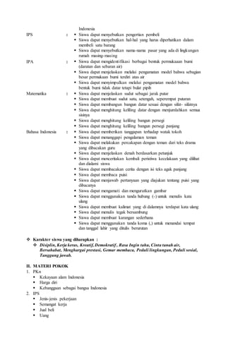 Indonesia
IPS :  Siswa dapat menyebutkan pengertian pembeli
 Siswa dapat menyebutkan hal-hal yang harus diperhatikan dalam
membeli satu barang
 Siswa dapat menyebutkan nama-nama pasar yang ada di lingkungan
rumah masing-masing
IPA :  Siswa dapat mengidentifikasi berbagai bentuk permukaaan bumi
(daratan dan sebaran air)
 Siswa dapat menjelaskan melalui pengamatan model bahwa sebagian
besar permukaan bumi terdiri atas air
 Siswa dapat menyimpulkan melalui pengamatan model bahwa
bentuk bumi tidak datar tetapi bulat pipih
Matematika :  Siswa dapat menjelaskan sudut sebagai jarak putar
 Siswa dapat membuat sudut satu, setengah, seperempat putaran
 Siswa dapat membangun bangun datar sesuai dengan sifat- sifatnya
 Siswa dapat menghitung keliling datar dengan menjumlahkan semua
sisinya
 Siswa dapat menghitung keliling bangun persegi
 Siswa dapat menghitung keliling bangun persegi panjang
Bahasa Indonesia :  Siswa dapat memberikan tanggapan terhadap watak tokoh
 Siswa dapat menanggapi pengalaman teman
 Siswa dapat melakukan percakapan dengan teman dari teks drama
yang dibacakan guru
 Siswa dapat menjelaskan denah berdasarkan petunjuk
 Siswa dapat menceritakan kembali peristiwa kecelakaan yang dilihat
dan dialami siswa
 Siswa dapat membacakan cerita dengan isi teks agak panjang
 Siswa dapat membaca puisi
 Siswa dapat menjawab pertanyaan yang diajukan tentang puisi yang
dibacanya
 Siswa dapat mengamati dan mengurutkan gambar
 Siswa dapat menggunakan tanda hubung (-) untuk menulis kata
ulang
 Siswa dapat membuat kalimat yang di dalamnya terdapat kata ulang
 Siswa dapat menulis tegak bersambung
 Siswa dapat membuat karangan sederhana
 Siswa dapat menggunakan tanda koma (,) untuk menandai tempat
dan tanggal lahir yang ditulis berurutan
 Karakter siswa yang diharapkan :
 Disiplin, Kerja keras, Kreatif, Demokratif , Rasa Ingin tahu, Cinta tanah air,
Bersahabat, Menghargai prestasi, Gemar membaca, Peduli lingkungan, Peduli sosial,
Tanggung jawab.
II. MATERI POKOK
1. PKn
 Kekayaan alam Indonesia
 Harga diri
 Kebanggaan sebagai bangsa Indonesia
2. IPS
 Jenis-jenis pekerjaan
 Semangat kerja
 Jual beli
 Uang
 