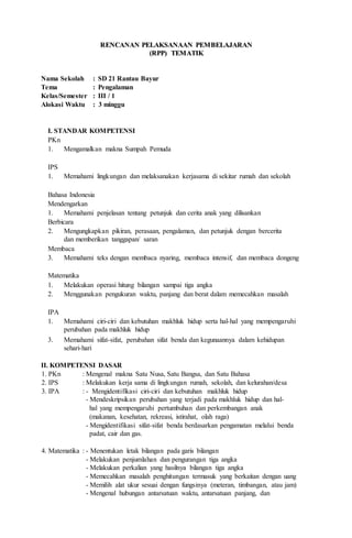 RREENNCCAANNAANN PPEELLAAKKSSAANNAAAANN PPEEMMBBEELLAAJJAARRAANN
((RRPPPP)) TTEEMMAATTIIKK
Nama Sekolah : SD 21 Rantau Bayur
Tema : Pengalaman
Kelas/Semester : III / 1
Alokasi Waktu : 3 minggu
I. STANDAR KOMPETENSI
PKn
1. Mengamalkan makna Sumpah Pemuda
IPS
1. Memahami lingkungan dan melaksanakan kerjasama di sekitar rumah dan sekolah
Bahasa Indonesia
Mendengarkan
1. Memahami penjelasan tentang petunjuk dan cerita anak yang dilisankan
Berbicara
2. Mengungkapkan pikiran, perasaan, pengalaman, dan petunjuk dengan bercerita
dan memberikan tanggapan/ saran
Membaca
3. Memahami teks dengan membaca nyaring, membaca intensif, dan membaca dongeng
Matematika
1. Melakukan operasi hitung bilangan sampai tiga angka
2. Menggunakan pengukuran waktu, panjang dan berat dalam memecahkan masalah
IPA
1. Memahami ciri-ciri dan kebutuhan makhluk hidup serta hal-hal yang mempengaruhi
perubahan pada makhluk hidup
3. Memahami sifat-sifat, perubahan sifat benda dan kegunaannya dalam kehidupan
sehari-hari
II. KOMPETENSI DASAR
1. PKn : Mengenal makna Satu Nusa, Satu Bangsa, dan Satu Bahasa
2. IPS : Melakukan kerja sama di lingkungan rumah, sekolah, dan kelurahan/desa
3. IPA : - Mengidentifikasi ciri-ciri dan kebutuhan makhluk hidup
- Mendeskripsikan perubahan yang terjadi pada makhluk hidup dan hal-
hal yang mempengaruhi pertumbuhan dan perkembangan anak
(makanan, kesehatan, rekreasi, istirahat, olah raga)
- Mengidentifikasi sifat-sifat benda berdasarkan pengamatan melalui benda
padat, cair dan gas.
4. Matematika : - Menentukan letak bilangan pada garis bilangan
- Melakukan penjumlahan dan pengurangan tiga angka
- Melakukan perkalian yang hasilnya bilangan tiga angka
- Memecahkan masalah penghitungan termasuk yang berkaitan dengan uang
- Memilih alat ukur sesuai dengan fungsinya (meteran, timbangan, atau jam)
- Mengenal hubungan antarsatuan waktu, antarsatuan panjang, dan
 