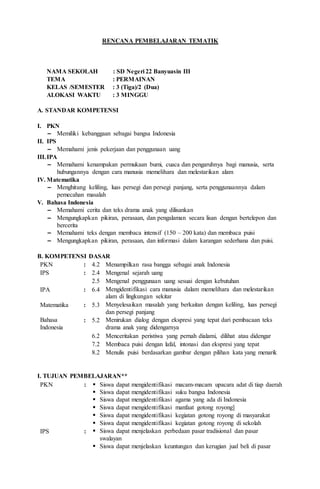 RENCANA PEMBELAJARAN TEMATIK
NAMA SEKOLAH : SD Negeri 22 Banyuasin III
TEMA : PERMAINAN
KELAS /SEMESTER : 3 (Tiga)/2 (Dua)
ALOKASI WAKTU : 3 MINGGU
A. STANDAR KOMPETENSI
I. PKN
– Memiliki kebanggaan sebagai bangsa Indonesia
II. IPS
– Memahami jenis pekerjaan dan penggunaan uang
III.IPA
– Memahami kenampakan permukaan bumi, cuaca dan pengaruhnya bagi manusia, serta
hubungannya dengan cara manusia memelihara dan melestarikan alam
IV. Matematika
– Menghitung keliling, luas persegi dan persegi panjang, serta penggunaannya dalam
pemecahan masalah
V. Bahasa Indonesia
– Memahami cerita dan teks drama anak yang dilisankan
– Mengungkapkan pikiran, perasaan, dan pengalaman secara lisan dengan bertelepon dan
bercerita
– Memahami teks dengan membaca intensif (150 – 200 kata) dan membaca puisi
– Mengungkapkan pikiran, perasaan, dan informasi dalam karangan sederhana dan puisi.
B. KOMPETENSI DASAR
PKN : 4.2 Menampilkan rasa bangga sebagai anak Indonesia
IPS : 2.4 Mengenal sejarah uang
2.5 Mengenal penggunaan uang sesuai dengan kebutuhan
IPA : 6.4 Mengidentifikasi cara manusia dalam memelihara dan melestarikan
alam di lingkungan sekitar
Matematika : 5.3 Menyelesaikan masalah yang berkaitan dengan keliling, luas persegi
dan persegi panjang
Bahasa
Indonesia
: 5.2 Menirukan dialog dengan ekspresi yang tepat dari pembacaan teks
drama anak yang didengarnya
6.2 Menceritakan peristiwa yang pernah dialami, dilihat atau didengar
7.2 Membaca puisi dengan lafal, intonasi dan ekspresi yang tepat
8.2 Menulis puisi berdasarkan gambar dengan pilihan kata yang menarik
I. TUJUAN PEMBELAJARAN**
PKN :  Siswa dapat mengidentifikasi macam-macam upacara adat di tiap daerah
 Siswa dapat mengidentifikasi suku bangsa Indonesia
 Siswa dapat mengidentifikasi agama yang ada di Indonesia
 Siswa dapat mengidentifikasi manfaat gotong royong]
 Siswa dapat mengidentifikasi kegiatan gotong royong di masyarakat
 Siswa dapat mengidentifikasi kegiatan gotong royong di sekolah
IPS :  Siswa dapat menjelaskan perbedaan pasar tradisional dan pasar
swalayan
 Siswa dapat menjelaskan keuntungan dan kerugian jual beli di pasar
 
