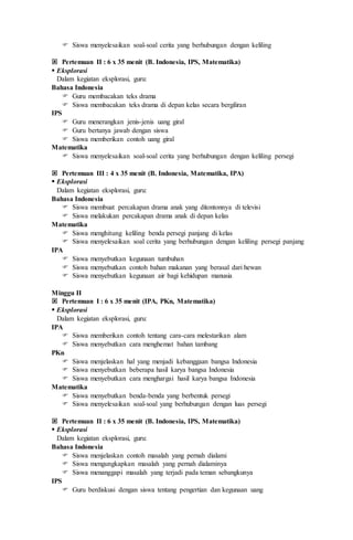  Siswa menyelesaikan soal-soal cerita yang berhubungan dengan keliling
 Pertemuan II : 6 x 35 menit (B. Indonesia, IPS, Matematika)
 Eksplorasi
Dalam kegiatan eksplorasi, guru:
Bahasa Indonesia
 Guru membacakan teks drama
 Siswa membacakan teks drama di depan kelas secara bergiliran
IPS
 Guru menerangkan jenis-jenis uang giral
 Guru bertanya jawab dengan siswa
 Siswa memberikan contoh uang giral
Matematika
 Siswa menyelesaikan soal-soal cerita yang berhubungan dengan keliling persegi
 Pertemuan III : 4 x 35 menit (B. Indonesia, Matematika, IPA)
 Eksplorasi
Dalam kegiatan eksplorasi, guru:
Bahasa Indonesia
 Siswa membuat percakapan drama anak yang ditontonnya di televisi
 Siswa melakukan percakapan drama anak di depan kelas
Matematika
 Siswa menghitung keliling benda persegi panjang di kelas
 Siswa menyelesaikan soal cerita yang berhubungan dengan keliling persegi panjang
IPA
 Siswa menyebutkan kegunaan tumbuhan
 Siswa menyebutkan contoh bahan makanan yang berasal dari hewan
 Siswa menyebutkan kegunaan air bagi kehidupan manusia
Minggu II
 Pertemuan I : 6 x 35 menit (IPA, PKn, Matematika)
 Eksplorasi
Dalam kegiatan eksplorasi, guru:
IPA
 Siswa memberikan contoh tentang cara-cara melestarikan alam
 Siswa menyebutkan cara menghemat bahan tambang
PKn
 Siswa menjelaskan hal yang menjadi kebanggaan bangsa Indonesia
 Siswa menyebutkan beberapa hasil karya bangsa Indonesia
 Siswa menyebutkan cara menghargai hasil karya bangsa Indonesia
Matematika
 Siswa menyebutkan benda-benda yang berbentuk persegi
 Siswa menyelesaikan soal-soal yang berhubungan dengan luas persegi
 Pertemuan II : 6 x 35 menit (B. Indonesia, IPS, Matematika)
 Eksplorasi
Dalam kegiatan eksplorasi, guru:
Bahasa Indonesia
 Siswa menjelaskan contoh masalah yang pernah dialami
 Siswa mengungkapkan masalah yang pernah dialaminya
 Siswa menanggapi masalah yang terjadi pada teman sebangkunya
IPS
 Guru berdiskusi dengan siswa tentang pengertian dan kegunaan uang
 