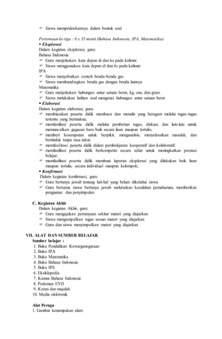  Siswa mempraktekannya dalam bentuk soal
Pertemuan ke tiga : 6 x 35 menit (Bahasa Indonesia, IPA, Matematika)
 Eksplorasi
Dalam kegiatan eksplorasi, guru:
Bahasa Indonesia
 Guru menjelaskan kata depan di dan ke pada kalimat
 Siswa menggunakan kata depan di dan ke pada kalimat
IPA
 Siswa menyebutkan contoh benda-benda gas
 Siswa membandingkan benda gas dengan benda lainnya
Matematika
 Guru menjelaskan hubungan antar satuan berat, kg, ons, dan gram
 Siswa melakukan latihan soal mengenai hubungan antar satuan berat
 Elaborasi
Dalam kegiatan elaborasi, guru:
 membiasakan peserta didik membaca dan menulis yang beragam melalui tugas-tugas
tertentu yang bermakna;
 memfasilitasi peserta didik melalui pemberian tugas, diskusi, dan lain-lain untuk
memunculkan gagasan baru baik secara lisan maupun tertulis;
 memberi kesempatan untuk berpikir, menganalisis, menyelesaikan masalah, dan
bertindak tanpa rasa takut;
 memfasilitasi peserta didik dalam pembelajaran kooperatif dan kolaboratif;
 memfasilitasi peserta didik berkompetisi secara sehat untuk meningkatkan prestasi
belajar;
 memfasilitasi peserta didik membuat laporan eksplorasi yang dilakukan baik lisan
maupun tertulis, secara individual maupun kelompok;
 Konfirmasi
Dalam kegiatan konfirmasi, guru:
 Guru bertanya jawab tentang hal-hal yang belum diketahui siswa
 Guru bersama siswa bertanya jawab meluruskan kesalahan pemahaman, memberikan
penguatan dan penyimpulan
C. Kegiatan Akhir
Dalam kegiatan Akhir, guru:
 Guru mengajukan pertanyaan sekitar materi yang diajarkan
 Siswa mengumpulkan tugas sesuai materi yang diajarkan
 Guru dan siswa menyimpulkan materi yang diajarkan
VII. ALAT DAN SUMBER BELAJAR
Sumber belajar :
1. Buku Pendidikan Kewarganegaraan
2. Buku IPA
3. Buku Matematika
4. Buku Bahasa Indonesia
5. Buku IPS
6. Eksiklopedia
7. Kamus Bahasa Indonesia
8. Pedoman EYD
9. Koran dan majalah
10. Media elektronik
Alat Peraga
1. Gambar kenampakan alam
 