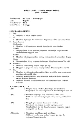 RREENNCCAANNAANN PPEELLAAKKSSAANNAAAANN PPEEMMBBEELLAAJJAARRAANN
((RRPPPP)) TTEEMMAATTIIKK
Nama Sekolah : SD Negeri 21 Rantau Bayur
Tema : Kegiatan
Kelas/Semester : III / 1
Alokasi Waktu : 2 minggu
I. STANDAR KOMPETENSI
I. PKn
1. Mengamalkan makna Sumpah Pemuda
II. IPS
1. Memahami lingkungan dan melaksanakan kerjasama di sekitar rumah dan sekolah
III. Bahasa Indonesia
Mendengarkan
1. Memahami penjelasan tentang petunjuk dan cerita anak yang dilisankan
Berbicara
2. Mengungkapkan pikiran, perasaan, pengalaman, dan petunjuk dengan bercerita
dan memberikan tanggapan/ saran
Membaca
3. Memahami teks dengan membaca nyaring, membaca intensif dan membaca dongeng
Menulis
4. Mengungkapkan pikiran, perasaan, dan informasi dalam bentuk paragraf dan puisi
IV. Matematika
1. Melakukan operasi hitung bilangan sampai tiga angka
2. Menggunakan pengukuran waktu, panjang dan berat dalam memecahkan masalah
V. IPA
1. Memahami ciri-ciri dan kebutuhan makhluk hidup serta hal-hal yang mempengaruhi
perubahan pada makhluk hidup
2. Memahami kondisi lingkungan yang berpengaruh terhadap kesehatan, dan upaya
menjaga kesehatan lingkungan
3. Memahami sifat-sifat, perubahan sifat benda dan kegunaannya dalam kehidupan
sehari-hari
II. KOMPETENSI DASAR
1. PKn : - Mengenal makna Satu Nusa, Satu Bangsa, dan Satu Bahasa
- Mengamalkan nilai-nilai Sumpah Pemuda dalam kehidupan sehari-hari
2. IPS : - Memelihara lingkungan alam dan buatan di sekitar rumah
- Melakukan kerja sama di lingkungan rumah, sekolah, dan kelurahan/
desa
3. IPA : - Menggolongkan makhluk hidup secara sederhana
- Menjelaskan cara menjaga kesehatan lingkungan sekitar
- Mengidentifikasi sifat-sifat benda berdasarkan pengamatan meliputi
benda padat, cair, dan gas
4. Matematika : - Menentukan letak bilangan pada garis bingan
- Melakukan perkalian yang hasilnya bilangan tiga angka dan
pembagian bilangan tiga angka
 