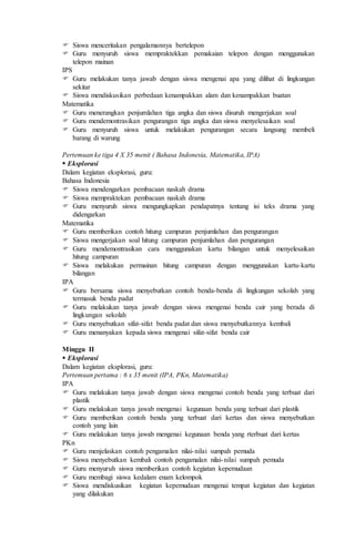  Siswa menceritakan pengalamannya bertelepon
 Guru menyuruh siswa mempraktekkan pemakaian telepon dengan menggunakan
telepon mainan
IPS
 Guru melakukan tanya jawab dengan siswa mengenai apa yang dilihat di lingkungan
sekitar
 Siswa mendiskusikan perbedaan kenampakkan alam dan kenampakkan buatan
Matematika
 Guru menerangkan penjumlahan tiga angka dan siswa disuruh mengerjakan soal
 Guru mendemontrasikan pengurangan tiga angka dan siswa menyelesaikan soal
 Guru menyuruh siswa untuk melakukan pengurangan secara langsung membeli
barang di warung
Pertemuan ke tiga 4 X 35 menit ( Bahasa Indonesia, Matematika, IPA)
 Eksplorasi
Dalam kegiatan eksplorasi, guru:
Bahasa Indonesia
 Siswa mendengarkan pembacaan naskah drama
 Siswa mempraktekan pembacaan naskah drama
 Guru menyuruh siswa mengungkapkan pendapatnya tentang isi teks drama yang
didengarkan
Matematika
 Guru memberikan contoh hitung campuran penjumlahan dan pengurangan
 Siswa mengerjakan soal hitung campuran penjumlahan dan pengurangan
 Guru mendemontrasikan cara menggunakan kartu bilangan untuk menyelesaikan
hitung campuran
 Siswa melakukan permainan hitung campuran dengan menggunakan kartu-kartu
bilangan
IPA
 Guru bersama siswa menyebutkan contoh benda-benda di lingkungan sekolah yang
termasuk benda padat
 Guru melakukan tanya jawab dengan siswa mengenai benda cair yang berada di
lingkungan sekolah
 Guru menyebutkan sifat-sifat benda padat dan siswa menyebutkannya kembali
 Guru menanyakan kepada siswa mengenai sifat-sifat benda cair
Minggu II
 Eksplorasi
Dalam kegiatan eksplorasi, guru:
Pertemuan pertama : 6 x 35 menit (IPA, PKn, Matematika)
IPA
 Guru melakukan tanya jawab dengan siswa mengenai contoh benda yang terbuat dari
plastik
 Guru melakukan tanya jawab mengenai kegunaan benda yang terbuat dari plastik
 Guru memberikan contoh benda yang terbuat dari kertas dan siswa menyebutkan
contoh yang lain
 Guru melakukan tanya jawab mengenai kegunaan benda yang rterbuat dari kertas
PKn
 Guru menjelaskan contoh pengamalan nilai-nilai sumpah pemuda
 Siswa menyebutkan kembali contoh pengamalan nilai-nilai sumpah pemuda
 Guru menyuruh siswa memberikan contoh kegiatan kepemudaan
 Guru membagi siswa kedalam enam kelompok
 Siswa mendiskusikan kegiatan kepemudaan mengenai tempat kegiatan dan kegiatan
yang dilakukan
 