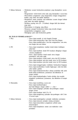 5. Bahasa Indonesia : - Melakukan sesuatu berdasarkan penjelasan yang disampaikan secara
lisan
- Mengomentari tokoh-tokoh cerita anak yang disampaikan secara lisan
- Menceritakan pengalaman yang mengesankan dengan menggunakan
kalimat yang runtut dan mudah dipahami
- Menjelaskan urutan membuat atau melakukan sesuatu dengan kalimat
yang runtut dan mudah dipahami
- Membaca nyaring teks (20 – 25 kalimat) dengan lafal dan intonasi
yang tepat
- Menceritakan isi dongeng yang dibaca
- Menyusun paragraf berdasarkan bahan yang tersedia dengan
memperhatikan penggunaan ejaan
- Melengkapi puisi anak berdasarkan gambar
III. TUJUAN PEMBELAJARAN**
1. PKn : - Siswa dapat menulis isi teks Sumpah Pemuda
- Siswa dapat menyanyikan lagu Satu Nusa Satu Bangsa
- Siswa dapat mendiskusikan cara kita mengamalkan satu nusa,
satu bangsa dan satu bahasa
2. IPS : - Siswa dapat menjelaskan manfaat denah dalam kehidupan
sehari-hari
- Siswa dapat membuat denah SD Assalaam dilengkapi dengan
rencana penghijauan
- Siswa dapat membuat denah rumah siswa dengan
menentukan arah mata angin
- Siswa dapat membaca denah rumah siswa dan SD Assalaam
- Siswa dapat membuat peta dari rumah siswa ke SD Assalaam
- Siswa dapat membaca peta dari rumah siswa ke SD Assalaam
3. IPA : - Siswa dapat menggolongkan tumbuhan berdasarkan bunganya
- Siswa dapat membedakan kondisi lingkungan sehat dan tidak
sehat melalui gambar
- Siswa dapat mendemonstrasikan adanya perubahan sifat pada
benda akibat pembakaran, pemanasan dan diletakkan di
tempat terbuka
- Siswa dapat membandingkan benda sebelum dan sesudah
mengalami pembakaran, pemanasan, dan diletakkan di tempat
terbuka
4. Matematika : - Siswa dapat membilang secara urut
- Siswa dapat membandingkan
dua buah bilangan dengan simbol <, >, dan =
- Siswa dapat mengingat perkalian dan pembagian sampai
dengan seratus
- Siswa dapat membuat tabel 10 x 10
- Siswa dapat menghitung perkalian dan pembagian oleh 2 dan
10 secara cepat
5. Bahasa Indonesia : - Siswa dapat mendengarkan petunjuk melakukan permainan
- Siswa dapat mencatat petunjuk tentang permainan
- Siswa dapat menceritakan pengalaman pribadi yang
menyenangkan
- Siswa dapat menjelaskan urutan cara melakukan suatu
permainan
 