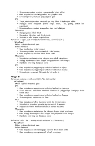  Siswa mendengarkan petunjuk cara mendeteksi udara sekitar
 Guru menjelaskan cara menggunakan alat pengukur debu
 Siswa menjawab pertanyaan yang diajukan guru
IPS
 Tanya jawab dengan siswa mengenai apa yang dilihat di lingkungan sekitar
 Mengajak siswa mengamati gambar sungai, danau, laut, gunung, lembah dan
pegunungan
 Siswa menuliskan manfaat kenampakan alam bagi kehidupan
Matematika
 Memperagakan dekak-dekak
 Memasukan biji-bijian pada dekak-dekak
 Menentukan nilai tempat sampai ribuan
Pertemuan ke tiga 4 X 35 menit ( Bahasa Indonesia, Matematika, IPA)
 Eksplorasi
Dalam kegiatan eksplorasi, guru:
Bahasa Indonesia
 Guru membacakan cerita binatang
 Siswa menyebutkan nama tokoh-tokoh cerita binatang
 Guru menjelaskan sifat-sifat tokoh dalam cerita
Matematika
 Menjelaskan penjumlahan dua bilangan tanpa teknik menyimpan
 Menguji keterampilan siswa dengan soal penjumlahan dua bilangan
 Membahas soal yang dikerjakan siswa
IPA
 Guru menjelaskan penggolongan tumbuhan berdasarkan bijinya
 Guru menjelaskan penggolongan tumbuhan berdasarkan akarnya
 Siswa diminta mengamati biji salak dan biji jambu air
Minggu II
Pertemuan pertama : 6 x 35 menit (IPA, PKn, Matematika)
 Eksplorasi
Dalam kegiatan eksplorasi, guru:
IPA
 Guru menjelaskan penggolongan tumbuhan berdasarkan batangnya
 Siswa mencatat nama-nama tumbuhan berdasarkan penggolongan batangnya dalam
bentuk tabel
 Guru menjelaskan penggolongan tumbuhan berdasarkan daunnya
 Siswa mengamati macam-macam daun
PKn
 Guru menjelaskan bahwa Indonesia terdiri dari beberapa suku
 Menyebutkan organisasi pemuda tiap-tiap daerah di nusantara
 Menjelaskan bahwa persatuan merupakan sumber kekuatan
Matematika
 Guru menjelaskan penjumlahan dua bilangan dengan teknik menyimpan
 Guru menguji keterampilan siswa dengan soal penjumlahan dua bilangan
 Membahas soal yang tela dikerjakan siswa
Pertemuan kedua : 6 x 35 menit ( Bahasa Indonesia, IPS, Matematika)
 Eksplorasi
Dalam kegiatan eksplorasi, guru:
Bahasa Indonesia
 Guru menjelaskan cara menanggapi sifat-sifat tokoh dalam cerita
 Guru menjelaskan cara menyanggah sebuah pernyataan
 