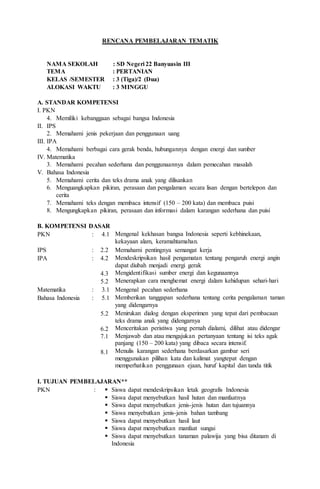 RENCANA PEMBELAJARAN TEMATIK
NAMA SEKOLAH : SD Negeri 22 Banyuasin III
TEMA : PERTANIAN
KELAS /SEMESTER : 3 (Tiga)/2 (Dua)
ALOKASI WAKTU : 3 MINGGU
A. STANDAR KOMPETENSI
I. PKN
4. Memiliki kebanggaan sebagai bangsa Indonesia
II. IPS
2. Memahami jenis pekerjaan dan penggunaan uang
III. IPA
4. Memahami berbagai cara gerak benda, hubungannya dengan energi dan sumber
IV. Matematika
3. Memahami pecahan sederhana dan penggunaannya dalam pemecahan masalah
V. Bahasa Indonesia
5. Memahami cerita dan teks drama anak yang dilisankan
6. Menguangkapkan pikiran, perasaan dan pengalaman secara lisan dengan bertelepon dan
cerita
7. Memahami teks dengan membaca intensif (150 – 200 kata) dan membaca puisi
8. Mengungkapkan pikiran, perasaan dan informasi dalam karangan sederhana dan puisi
B. KOMPETENSI DASAR
PKN : 4.1 Mengenal kekhasan bangsa Indonesia seperti kebhinekaan,
kekayaan alam, keramahtamahan.
IPS : 2.2 Memahami pentingnya semangat kerja
IPA : 4.2
4.3
5.2
Mendeskripsikan hasil pengamatan tentang pengaruh energi angin
dapat diubah menjadi energi gerak
Mengidentifikasi sumber energi dan kegunaannya
Menerapkan cara menghemat energi dalam kehidupan sehari-hari
Matematika : 3.1 Mengenal pecahan sederhana
Bahasa Indonesia : 5.1 Memberikan tanggapan sederhana tentang cerita pengalaman taman
yang didengarnya
5.2
6.2
7.1
8.1
Menirukan dialog dengan eksperimen yang tepat dari pembacaan
teks drama anak yang didengarnya
Menceritakan peristiwa yang pernah dialami, dilihat atau didengar
Menjawab dan atau mengajukan pertanyaan tentang isi teks agak
panjang (150 – 200 kata) yang dibaca secara intensif.
Menulis karangan sederhana berdasarkan gambar seri
menggunakan pilihan kata dan kalimat yangtepat dengan
memperhatikan penggunaan ejaan, huruf kapital dan tanda titik
I. TUJUAN PEMBELAJARAN**
PKN :  Siswa dapat mendeskripsikan letak geografis Indonesia
 Siswa dapat menyebutkan hasil hutan dan manfaatnya
 Siswa dapat menyebutkan jenis-jenis hutan dan tujuannya
 Siswa menyebutkan jenis-jenis bahan tambang
 Siswa dapat menyebutkan hasil laut
 Siswa dapat menyebutkan manfaat sungai
 Siswa dapat menyebutkan tanaman palawija yang bisa ditanam di
Indonesia
 