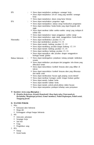 IPS :  Siswa dapat menjelaskan pentingnya semangat kerja
 Siswa dapat menjelaskan ciri-ciri orang yang memiliki semangat
kerja
 Siswa dapat menjelaskan alasan orang harus bekerja
IPA :  Siswa dapat menyebutkan pengertian angin
 Siswa dapat menunjukkan adanya energi berdasarkan pengamatan
 Siswa dapat menebutkan benda-benda yang dapat bergerak oleh
angin
 Siswa dapat membuat daftar sumber-sumber energi yang terdapat di
sekitar kita
 Siswa dapat menjelaskan tujuan penggunaan sumber energi
 Siswa dapat menjelaskan angin untuk menggerakkan benda-benda
Matematika :  Siswa dapat membuktikan pecahan 1/2, 1/4
 Siswa dapt membuktikan pecahan 1/3, 1/6
 Siswa dapat menulis lambang pecahan 1/2, 1/4
 Siswa dapat membilang pecahan dengan lambang 1/2. 1/4
 Siswa dapat menulis lambang pecahan 1/3, 1/6
 Siswa dapat membaca lambang pecahan 1/3, 1/6
 Siswa dapat menyajikan nilai pecahan dengan menggunakan
berbagai bentuk gambar
Bahasa Indonesia :  Siswa dapat mendengarkan penjelasan tentang petunjuk melakukan
sesuatu
 Siswa dapat melakukan percakapan dari penggalan teks drama yang
dibacakan teman
 Siswa dapat menceritakan kembali bencana alam yang dilihat di
televisi
 Siswa dapat menceritakan kembali bencana alam yang dibacanya
dari media cetak
 Siswa dapat membacakan bacaan agak panjang secara intensif
 Siswa dapat membuat karangan sendiri dengan bantuan gambar
 Siswa dapat menulis kalimat berita
 Siswa dapat memilih kalimat berita
 Siswa dapat menulis pokok-pokok pikiran dalam bacaan
 Siswa dapat menyatakan pendapat terhadap suatu pernyataan
 Karakter siswa yang diharapkan :
 Disiplin, Kerja keras, Kreatif, Demokratif , Rasa Ingin tahu, Cinta tanah air,
Bersahabat, Menghargai prestasi, Gemar membaca, Peduli lingkungan, Peduli sosial,
Tanggung jawab.
II. MATERI POKOK
1. PKn
 Kekayaan alam Indonesia
 Harga diri
 Kebanggaan sebagai bangsa Indonesia
2. IPS
 Jenis-jenis pekerjaan
 Semangat kerja
 Jual beli
 Uang
 Pengelolaan uang
3. IPA
 Energi
 Gerak benda
 