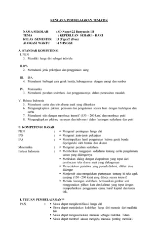 RENCANA PEMBELAJARAN TEMATIK
NAMA SEKOLAH : SD Negeri 22 Banyuasin III
TEMA : KEPERLUAN SEHARI – HARI
KELAS /SEMESTER : 3 (Tiga)/2 (Dua)
ALOKASI WAKTU : 4 MINGGU
A. STANDAR KOMPETENSI
I. PKN
3. Memiliki harga diri sebagai individu
II.IPS
2. Memahami jenis pekerjaan dan penggunaan uang
III. IPA
4. Memahami berbagai cara gerak benda, hubungannya dengan energi dan sumber
IV. Matematika
3. Memahami pecahan sederhana dan penggunaannya dalam pemecahan masalah
V. Bahasa Indonesia
5. Memahami cerita dan teks drama anak yang dilisankan
6. Menguangkapkan pikiran, perasaan dan pengalaman secara lisan dengan bertelepon dan
cerita
7. Memahami teks dengan membaca intensif (150 – 200 kata) dan membaca puisi
8. Mengungkapkan pikiran, perasaan dan informasi dalam karangan sederhana dan puisi
B. KOMPETENSI DASAR
PKN :  Mengenal pentingnya harga diri
IPS :  Mengenal jenis-jenis pekerjaan
IPA :  Menyimpulkan hasil pengamatan bahwa gerak benda
dipengaruhi oleh bentuk dan ukuran
Matematika :  Mengenal pecahan sederhana
Bahasa Indonesia :  Memberikan tanggapan sederhana tentang cerita pengalaman
taman yang didengarnya
 Menirukan dialog dengan eksperimen yang tepat dari
pembacaan teks drama anak yang didengarnya
 Menceritakan peristiwa yang pernah dialami, dilihat atau
didengar
 Menjawab atau mengajukan pertanyaan tentang isi teks agak
panjang (150 - 200 kata) yang dibaca secara intensif.
 Menulis karangan sederhana berdasarkan gembar seri
menggunakan pilihan kata dan kalimat yang tepat dengan
memperhatikan penggunaan ejaan, huruf kapital dan tanda
titik.
I. TUJUAN PEMBELAJARAN**
PKN :  Siswa dapat mengidentifikasi harga diri
 Siswa dapat menjelaskan kelebihan harga diri manusia dari makhluk
lain
 Siswa dapat mengasumsikan manusia sebagai makhluk Tuhan
 Siswa dapat memberi alasan mengapa manusia penting memiliki
 