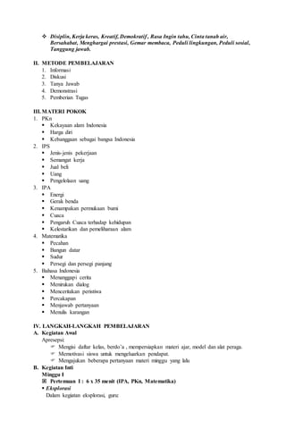  Disiplin, Kerja keras, Kreatif, Demokratif , Rasa Ingin tahu, Cinta tanah air,
Bersahabat, Menghargai prestasi, Gemar membaca, Peduli lingkungan, Peduli sosial,
Tanggung jawab.
II. METODE PEMBELAJARAN
1. Informasi
2. Diskusi
3. Tanya Jawab
4. Demonstrasi
5. Pemberian Tugas
III.MATERI POKOK
1. PKn
 Kekayaan alam Indonesia
 Harga diri
 Kebanggaan sebagai bangsa Indonesia
2. IPS
 Jenis-jenis pekerjaan
 Semangat kerja
 Jual beli
 Uang
 Pengelolaan uang
3. IPA
 Energi
 Gerak benda
 Kenampakan permukaan bumi
 Cuaca
 Pengaruh Cuaca terhadap kehidupan
 Kelestarikan dan pemeliharaan alam
4. Matematika
 Pecahan
 Bangun datar
 Sudur
 Persegi dan persegi panjang
5. Bahasa Indonesia
 Menanggapi cerita
 Menirukan dialog
 Menceritakan peristiwa
 Percakapan
 Menjawab pertanyaan
 Menulis karangan
IV. LANGKAH-LANGKAH PEMBELAJARAN
A. Kegiatan Awal
Apresepsi:
 Mengisi daftar kelas, berdo’a , mempersiapkan materi ajar, model dan alat peraga.
 Memotivasi siswa untuk mengeluarkan pendapat.
 Mengajukan beberapa pertanyaan materi minggu yang lalu
B. Kegiatan Inti
Minggu I
 Pertemuan I : 6 x 35 menit (IPA, PKn, Matematika)
 Eksplorasi
Dalam kegiatan eksplorasi, guru:
 