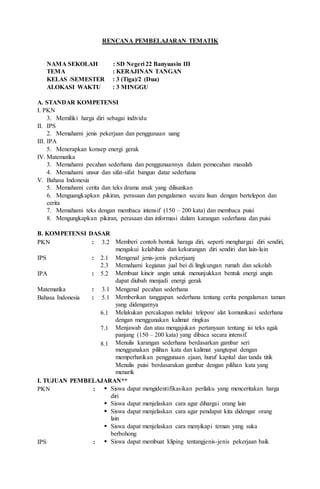 RENCANA PEMBELAJARAN TEMATIK
NAMA SEKOLAH : SD Negeri 22 Banyuasin III
TEMA : KERAJINAN TANGAN
KELAS /SEMESTER : 3 (Tiga)/2 (Dua)
ALOKASI WAKTU : 3 MINGGU
A. STANDAR KOMPETENSI
I. PKN
3. Memiliki harga diri sebagai individu
II. IPS
2. Memahami jenis pekerjaan dan penggunaan uang
III. IPA
5. Menerapkan konsep energi gerak
IV. Matematika
3. Memahami pecahan sederhana dan penggunaannya dalam pemecahan masalah
4. Memahami unsur dan sifat-sifat bangun datar sederhana
V. Bahasa Indonesia
5. Memahami cerita dan teks drama anak yang dilisankan
6. Menguangkapkan pikiran, perasaan dan pengalaman secara lisan dengan bertelepon dan
cerita
7. Memahami teks dengan membaca intensif (150 – 200 kata) dan membaca puisi
8. Mengungkapkan pikiran, perasaan dan informasi dalam karangan sederhana dan puisi
B. KOMPETENSI DASAR
PKN : 3.2 Memberi contoh bentuk haraga diri, seperti menghargai diri sendiri,
mengakui kelabihan dan kekurangan diri sendiri dan lain-lain
IPS : 2.1
2.3
Mengenal jenis-jenis pekerjaanj
Memahami kegiatan jual bei di lingkungan rumah dan sekolah
IPA : 5.2 Membuat kincir angin untuk menunjukkan bentuk energi angin
dapat diubah menjadi energi gerak
Matematika : 3.1 Mengenal pecahan sederhana
Bahasa Indonesia : 5.1 Memberikan tanggapan sederhana tentang cerita pengalaman taman
yang didengarnya
6.1
7.1
8.1
Melakukan percakapan melalui telepon/ alat komunikasi sederhana
dengan menggunakan kalimat ringkas
Menjawab dan atau mengajukan pertanyaan tentang isi teks agak
panjang (150 – 200 kata) yang dibaca secara intensif.
Menulis karangan sederhana berdasarkan gambar seri
menggunakan pilihan kata dan kalimat yangtepat dengan
memperhatikan penggunaan ejaan, huruf kapital dan tanda titik
Menulis puisi berdasarakan gambar dengan pilihan kata yang
menarik
I. TUJUAN PEMBELAJARAN**
PKN :  Siswa dapat mengidentifikasikan perilaku yang menceritakan harga
diri
 Siswa dapat menjelaskan cara agar dihargai orang lain
 Siswa dapat menjelaskan cara agar pendapat kita didengar orang
lain
 Siswa dapat menjelaskan cara menyikapi teman yang suka
berbohong
IPS :  Siswa dapat membuat kliping tentangjenis-jenis pekerjaan baik
 