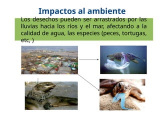17/10/11
Los desechos pueden ser arrastrados por las
lluvias hacia los ríos y el mar, afectando a la
calidad de agua, las especies (peces, tortugas,
etc, )
Impactos al ambiente
 