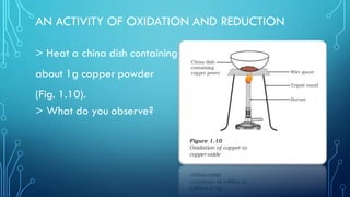 AN ACTIVITY OF OXIDATION AND REDUCTION
> Heat a china dish containing
about 1g copper powder
(Fig. 1.10).
> What do you observe?
 