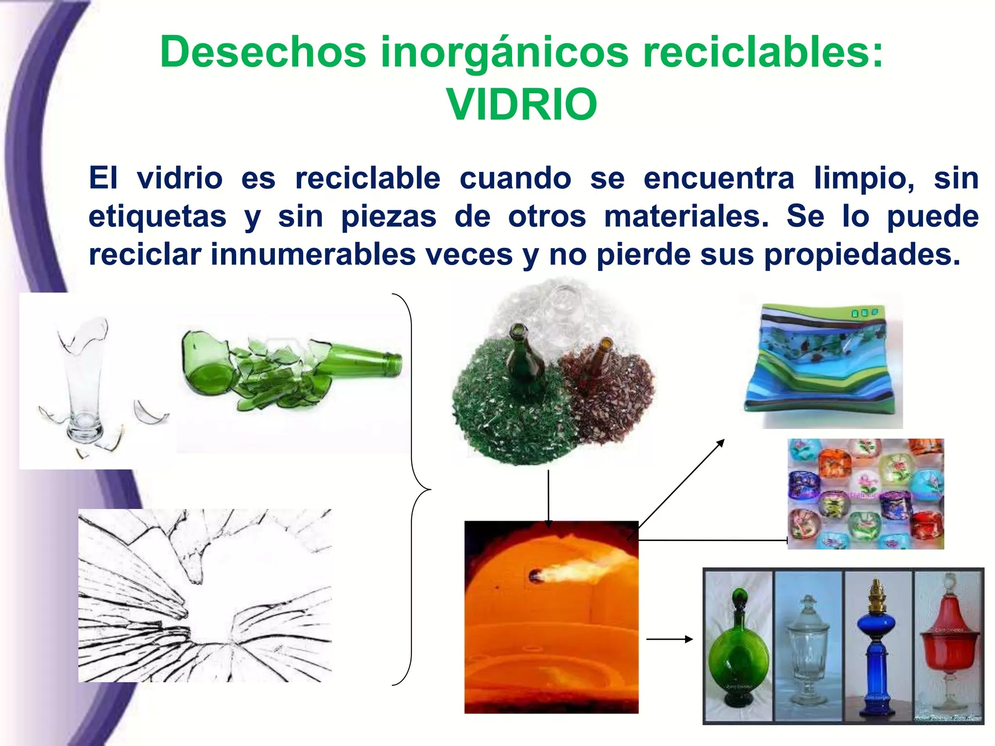 Desechos inorgánicos reciclables:
VIDRIO
El vidrio es reciclable cuando se encuentra limpio, sin
etiquetas y sin piezas de otros materiales. Se lo puede
reciclar innumerables veces y no pierde sus propiedades.
 