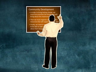 Finally, we need to mobilize people to beable to take action and bringabout that changeCommunity DevelopmentIn order to bring lasting change, wemust first prioritize the things that willbring about the maximum  impact  