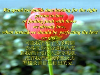We spend too much time looking for the right person to love  or finding fault with those  we already love,  when instead we should be  perfecting the love we give.  可能我們花了太多時間 去尋找那個合適的人或 對我們所愛的人過份挑剔， 或許我們應該多些反思 怎樣改善自己付出的愛。 