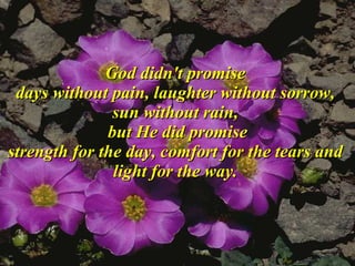 God didn't promise  days without pain, laughter without sorrow,  sun without rain,  but He did promise strength for the day, comfort for the tears and  light for the way.   