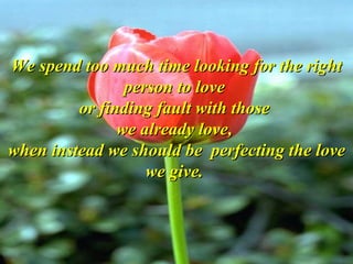 We spend too much time looking for the right person to love  or finding fault with those  we already love,  when instead we should be  perfecting the love we give.  