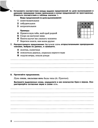6. Установите соответствия между видами предложений по цели высказывания и
данными примерами (знаки препинания в конце предложений не проставлены).
Отметьте соответствия в таблице значком +.
Виды предложений по цели высказывания
1 повествовательное
2 п о б у д и т е л ь н о е Г
3 вопросительное
Примеры______________________________________________________________
А Приветствую тебя, мой край родной
Б Скоро ли наступит зима
В Книги научат вас уважать человека
Г Берегите книги, они ваши друзья
7. Распространите предложение Наступила осень второстепенными однородными
членами, выбрав из данных, и запишите.
А золотая, солнечная
Б позолотила деревья, украсила парки и сады
В подули ветры, пошли дожди
8. Прочитайте предложение.
Луна сияла, июльская ночь была тиха (А. Пушкин).
Выпишите выделенные слова, определите в них количество букв и звуков. Оха­
рактеризуйте согласные звуки в слове ночь.
2
 