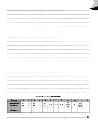ТАБЛИЦА ОЦЕНИВАНИЯ
Баллы 2 4 5 6 7 10 11 12
Количество
ошибок
17-
18
15-
16
13-
14
11-
12
9-
10
7-8 5-6 3-4
Не
груб.
+1
1
1 не
груб.
-
Оценка
25
 