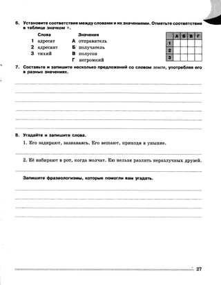 6. Установите соответствия между словами и их значениями. Отметьте соответствия
в таблице значком +.
1
2
3
Слова
адресат
адресант
тихий
7.
Значения
отправитель
получатель
полусон
негромкий
Составьте и запишите несколько предложений со словом земля, употребляя его
в разных значениях.
А
Б
В
Г
А Б В Г
1
2
соI
8. Угадайте и запишите слова.
1. Его задирают, зазнаваясь. Его вешают, приходя в уныние.
2. Её набирают в рот, когда молчат. Ею нельзя разлить неразлучных друзей.
Запишите фразеологизмы, которые помогли вам угадать.
27
 